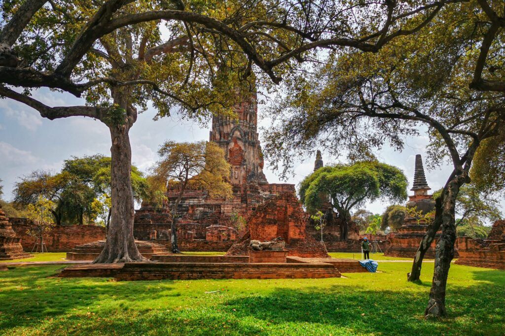 Wat Phra Si Sanphet – ruiny starożytnej świątyni buddyjskiej w Ayutthaya, Tajlandia, otoczone dużymi drzewami i zielonym trawnikiem