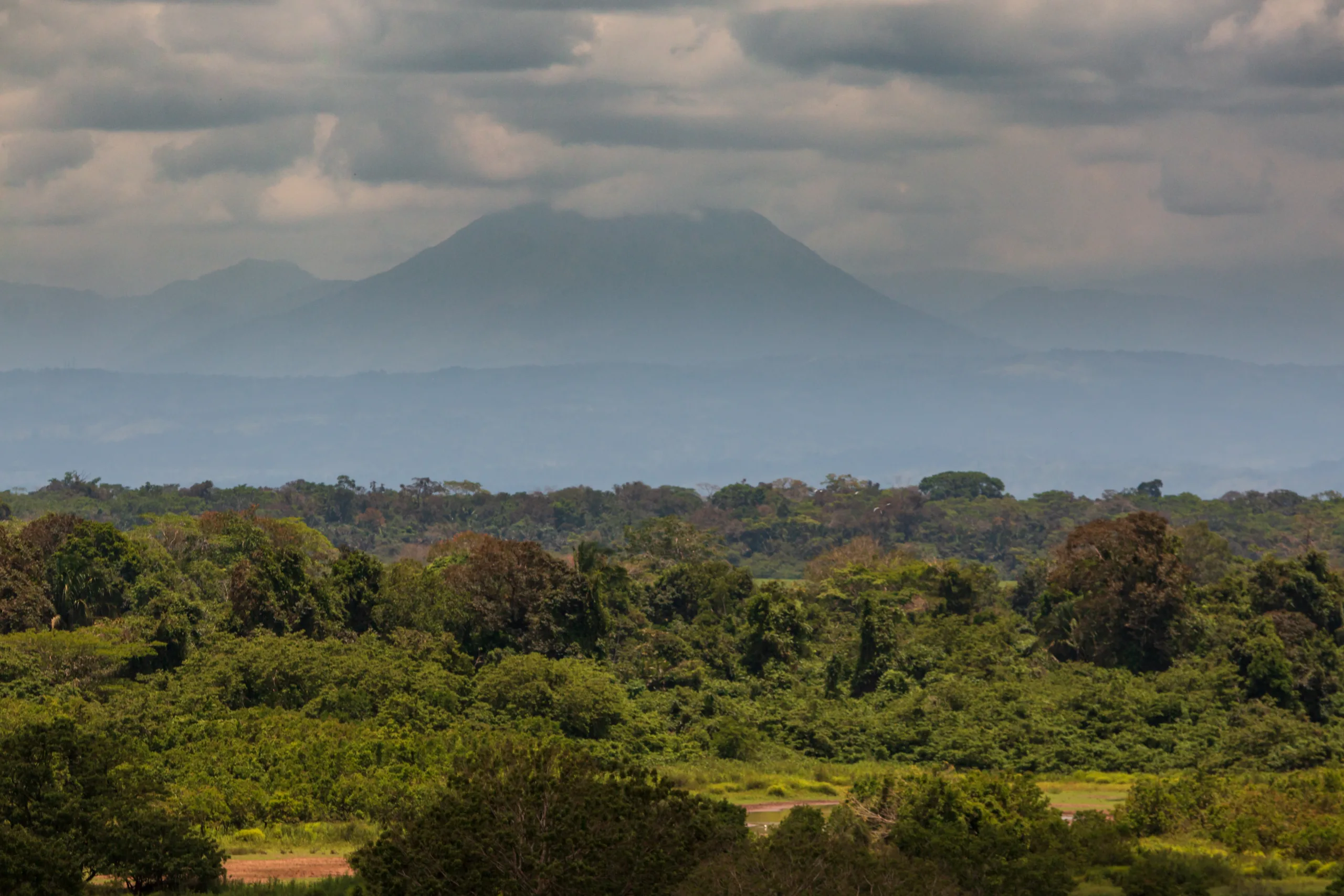 A landscape view of the lagoons at Caño Negro Wildlife Refuge with Arenal Volcano visible in the background, showcasing the region’s natural features and biodiversity.