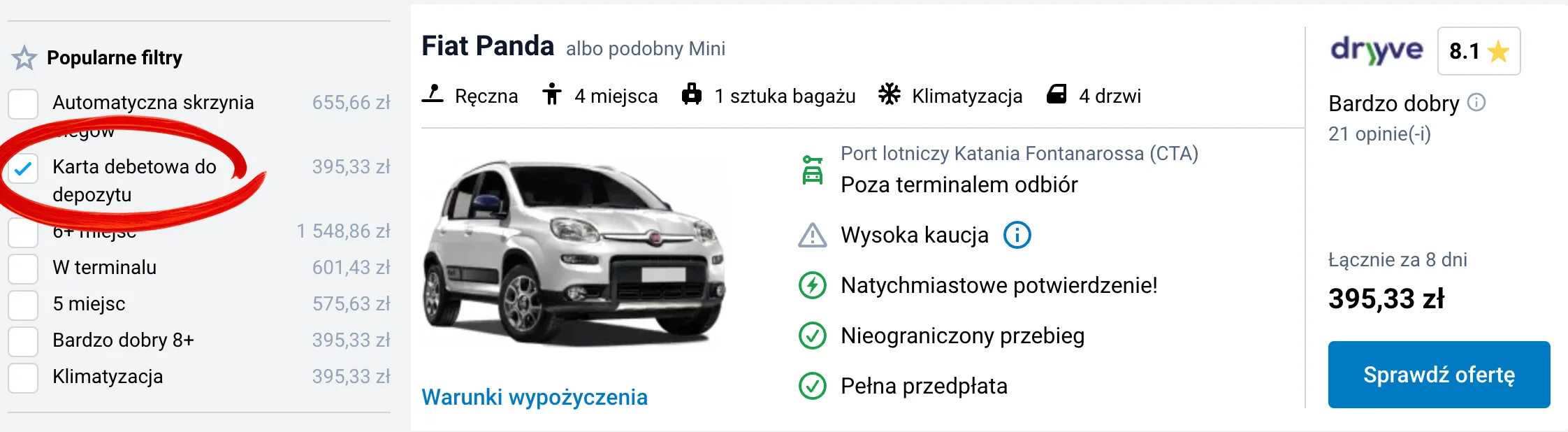 Wynajem auta Sycylia bez karty kredytowej