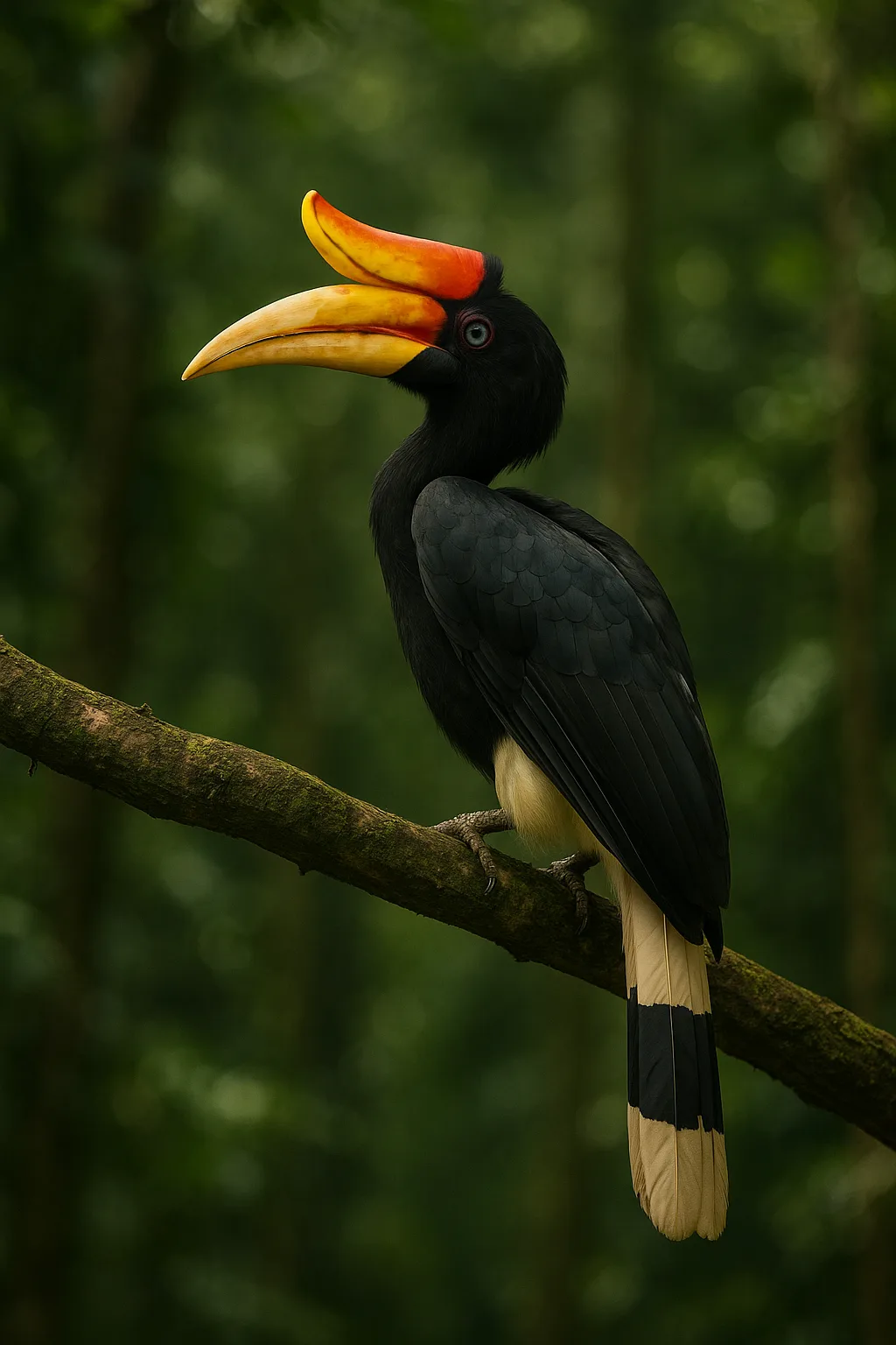 Dzioborożec nosorożny siedzący na gałęzi w tropikalnym lesie deszczowym