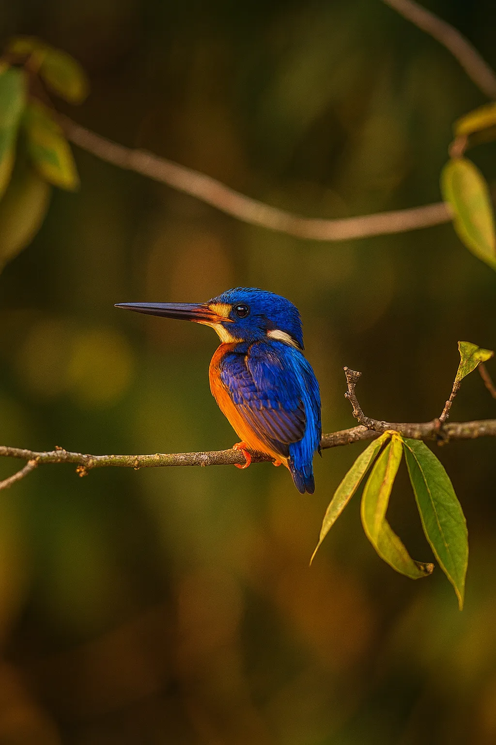 Niebiesko-pomarańczowy zimorodek siedzący na gałęzi