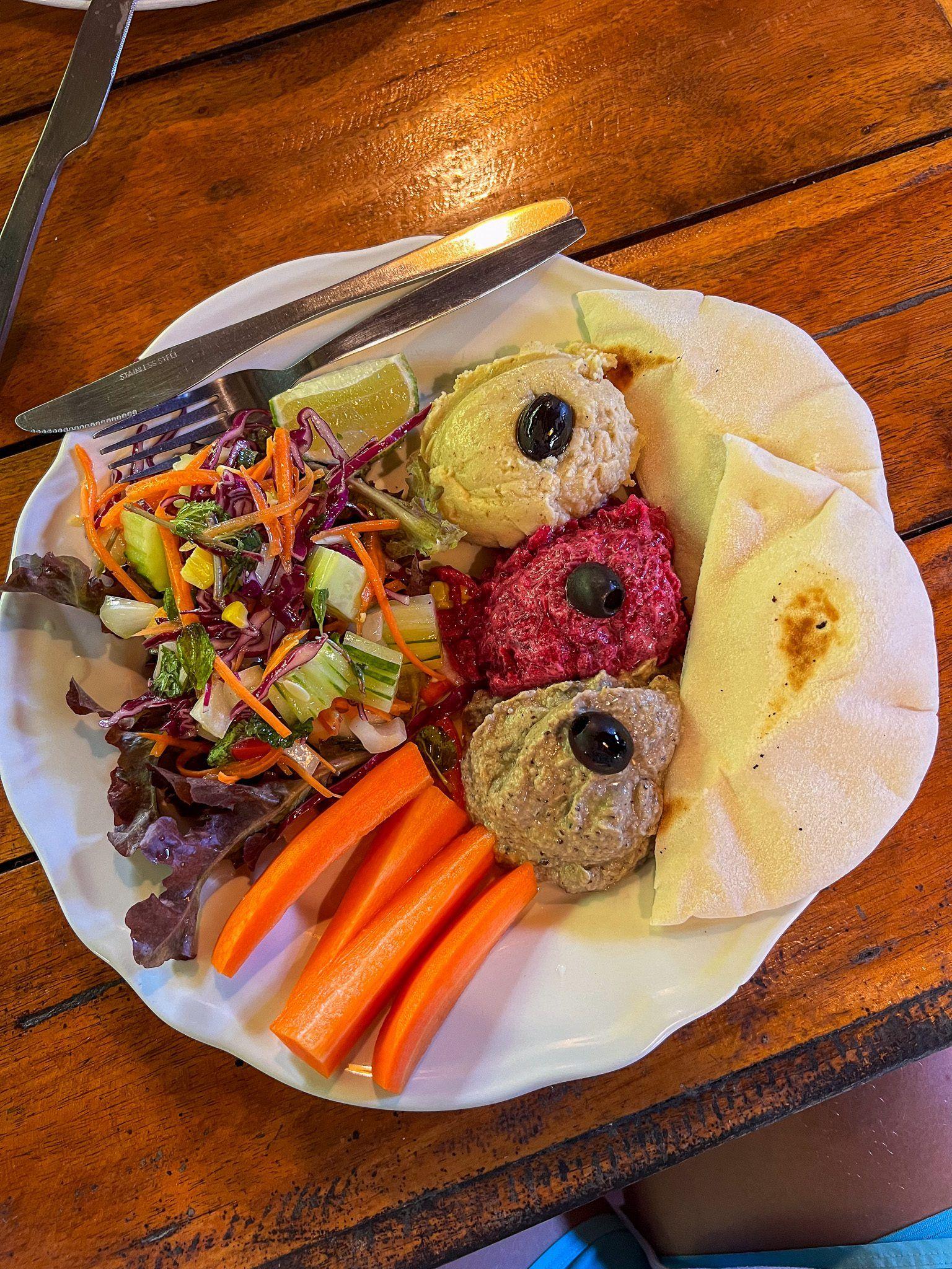 Kolorowy talerz z hummusem, pastą z buraka i bakłażana, podany z pitą, świeżą sałatką i marchewką