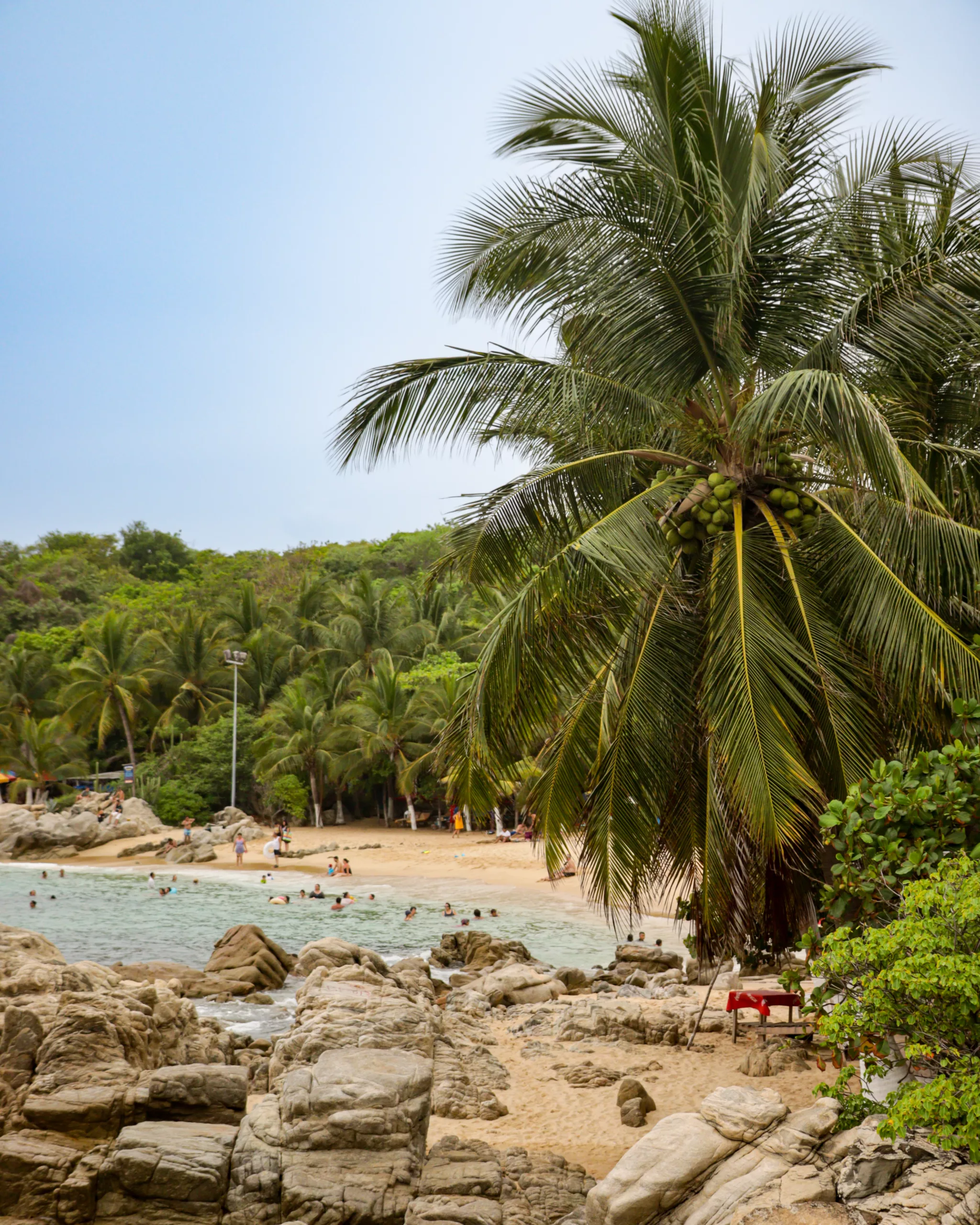Plaża otoczona dużymi skałami i palmami kokosowymi, ludzie kąpią się w spokojnej wodzie, a w tle widać gęstą tropikalną roślinność