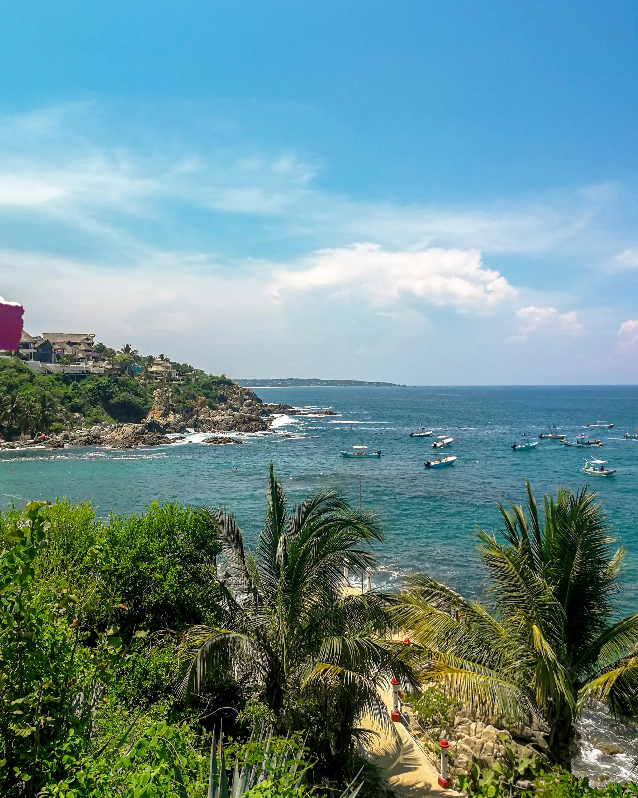 Widok na skaliste wybrzeże z palmami i łodziami rybackimi unoszącymi się na błękitnych wodach Oceanu Spokojnego - puerto Escondido w Meksyku