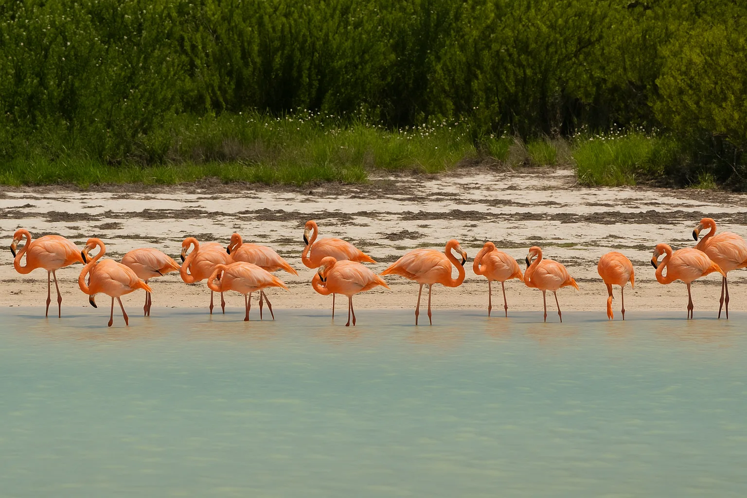 flamingi w wodzie przy plaży z zielenią w tle. Holbox Meksyk