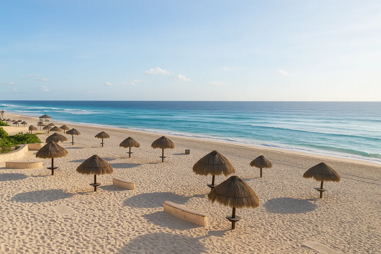 Playa Delfines - Plaże Meksyk - plaża, parasole z trzciny, piasek i turkusowa woda