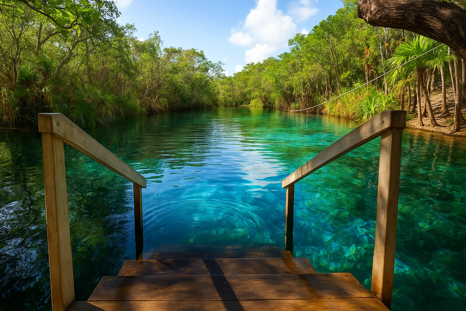 Cenote Escondido - Tulum Meksyk. Turkusowa woda, którą otacza zielona dżungla 