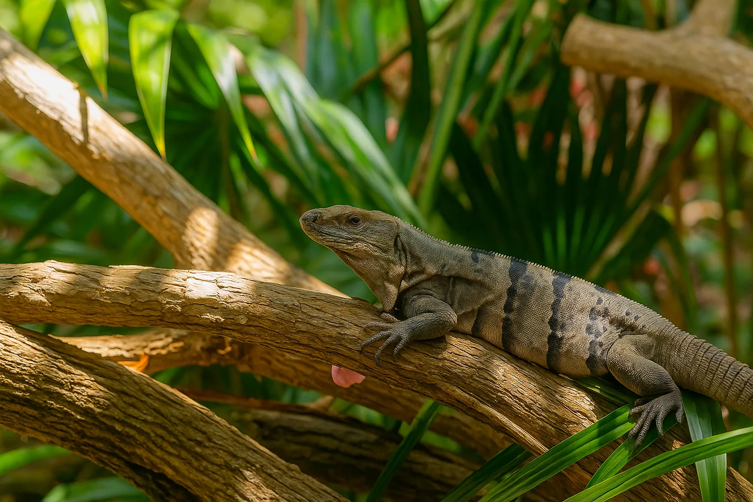 Iguana na drzewie a dookoła zieleń. Tulum Meksyk