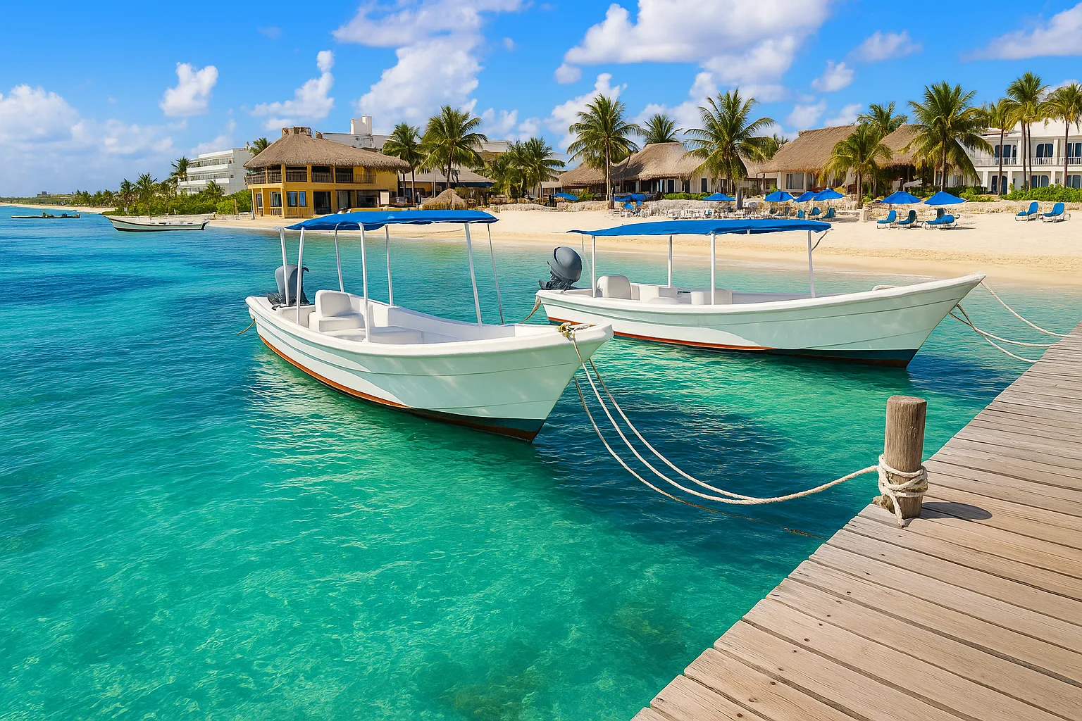 Puerto Morelos - Plaże Meksyk - Przycumowane łodzie do pomostu a w tle resort oraz leżaki, plaża i palmy kokosowe