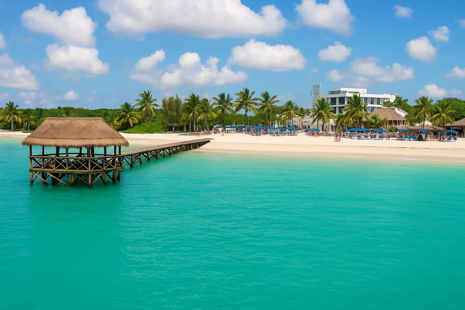 Playa Xcalacoco - Jukatan Meksyk - Molo z zadaszeniem, palmy kokosowe, resort i dużo zieleni