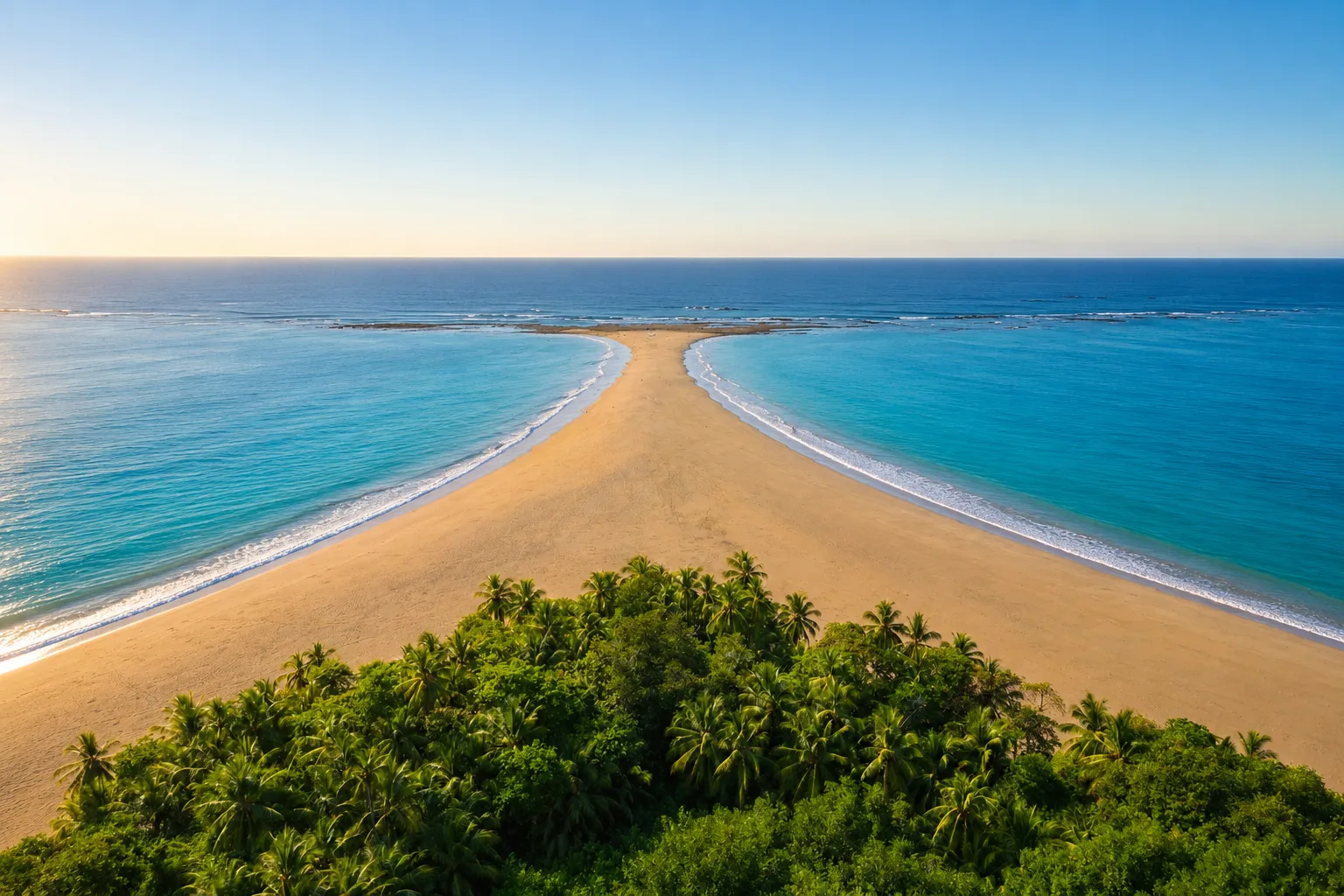 Tropikalna plaża w Kostaryce widziana z lotu ptaka o poranku, z piaszczystym cyplem, palmami i turkusowym oceanem po obu stronach. Uvita