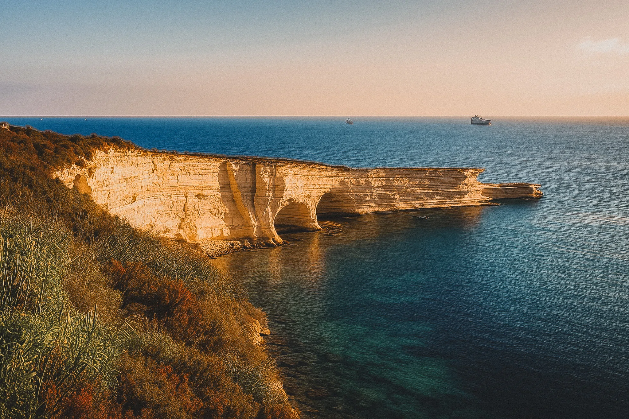 Białe klify Hofriet Window o wschodzi słońca – Malta widoki na formacje skalne i lazurowe morze