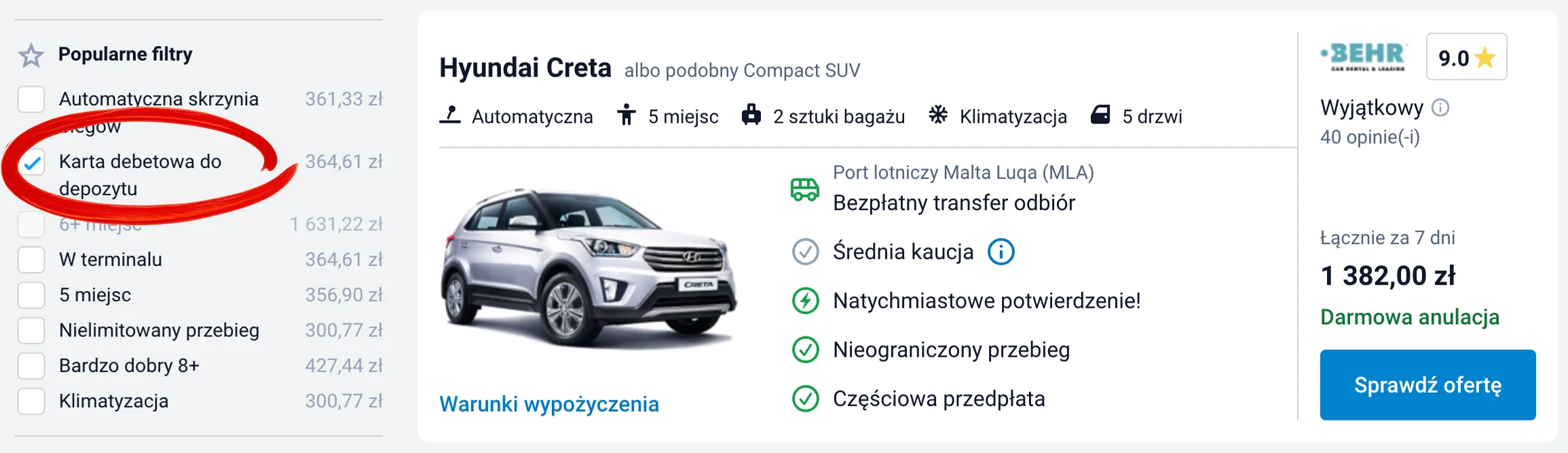 Malta wynajem auta bez karty kredytowej