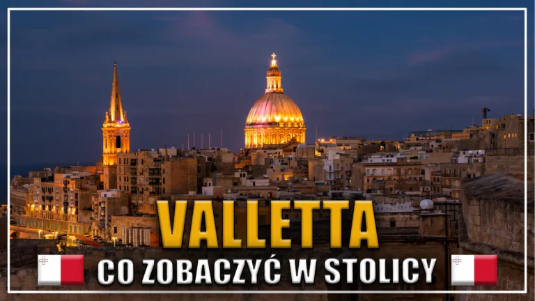 Valletta nocą – oświetlona kopuła kościoła Karmelitów i wieża anglikańskiej katedry św. Pawła, Malta