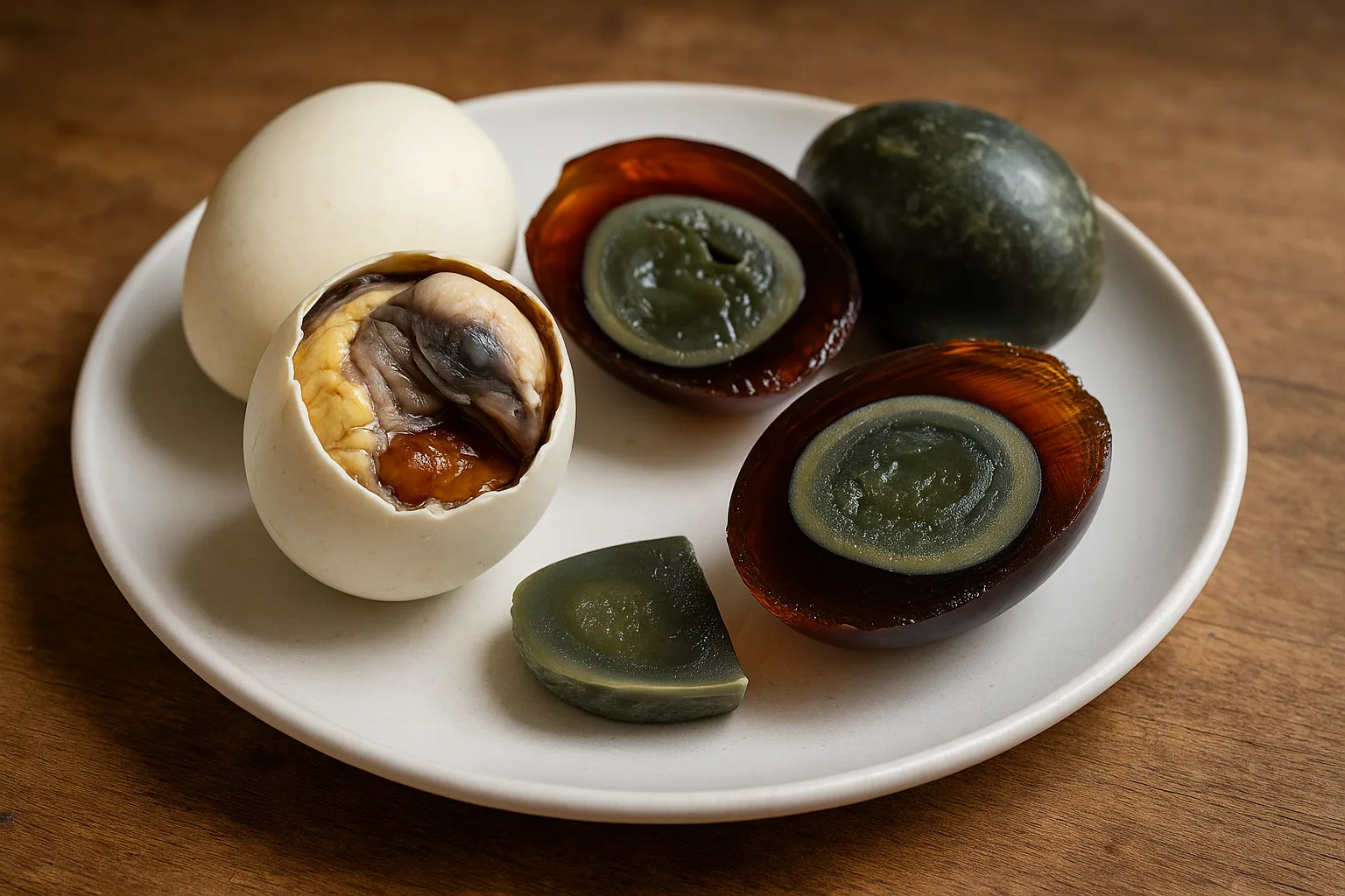 Na białym talerzu leżą dwa rodzaje fermentowanych jaj: po lewej stronie znajduje się balut – częściowo rozwinięty kaczy embrion w otwartej skorupce, widoczne są tkanki i żółtko, natomiast po prawej stronie znajdują się przekrojone jajka stuletnie (Pi Dan) o ciemnym, żelatynowym białku i zielonoszarym żółtku.