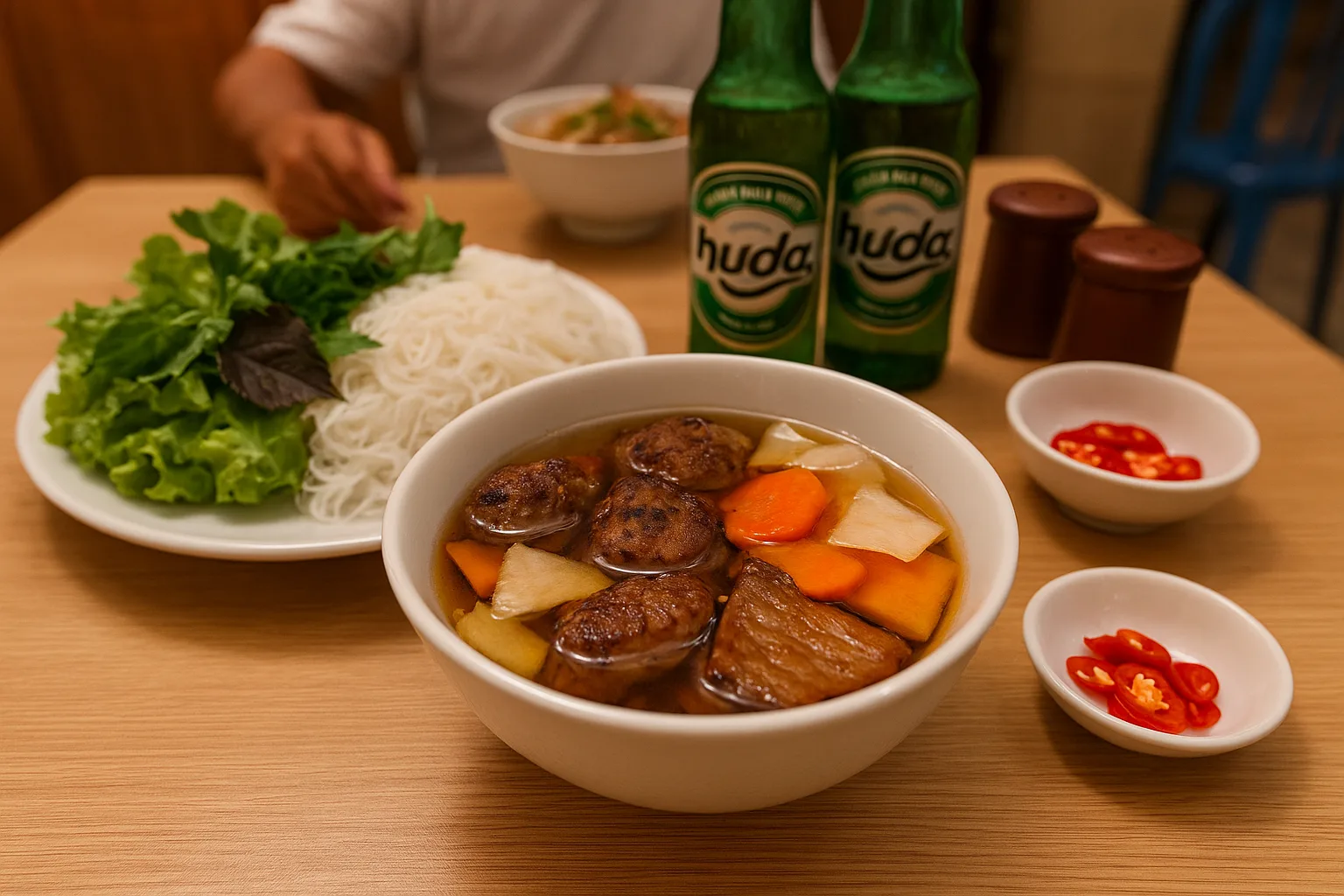 Tradycyjne wietnamskie danie bún chả podane na drewnianym stole – na pierwszym planie miska z grillowanym mięsem wieprzowym i warzywami w bulionie, obok talerz z porcją białego makaronu ryżowego oraz świeżymi ziołami. W tle dwie butelki piwa Huda, miseczki z papryczkami chili i przyprawami
