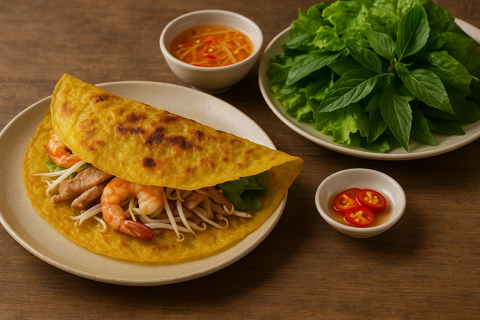 Chrupiący naleśnik z mąki ryżowej, często z krewetkami, mięsem i kiełkami fasoli