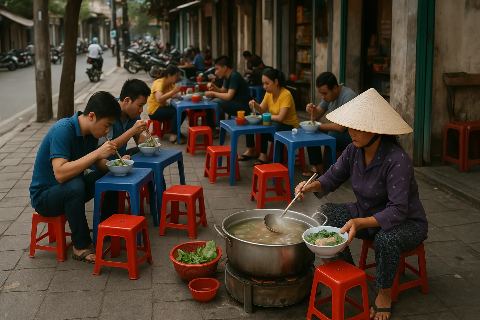 Wietnamska scena uliczna z ludźmi siedzącymi przy niebieskich plastikowych stolikach na czerwonych małych krzesełkach, jedzącymi zupę pho. Po prawej stronie kobieta w tradycyjnym stożkowym kapeluszu (nón lá) gotuje zupę nad dużym garnkiem ustawionym na przenośnym palniku. Scena rozgrywa się na chodniku przy ruchliwej ulicy, w tle widać zaparkowane skutery i fasady sklepów.