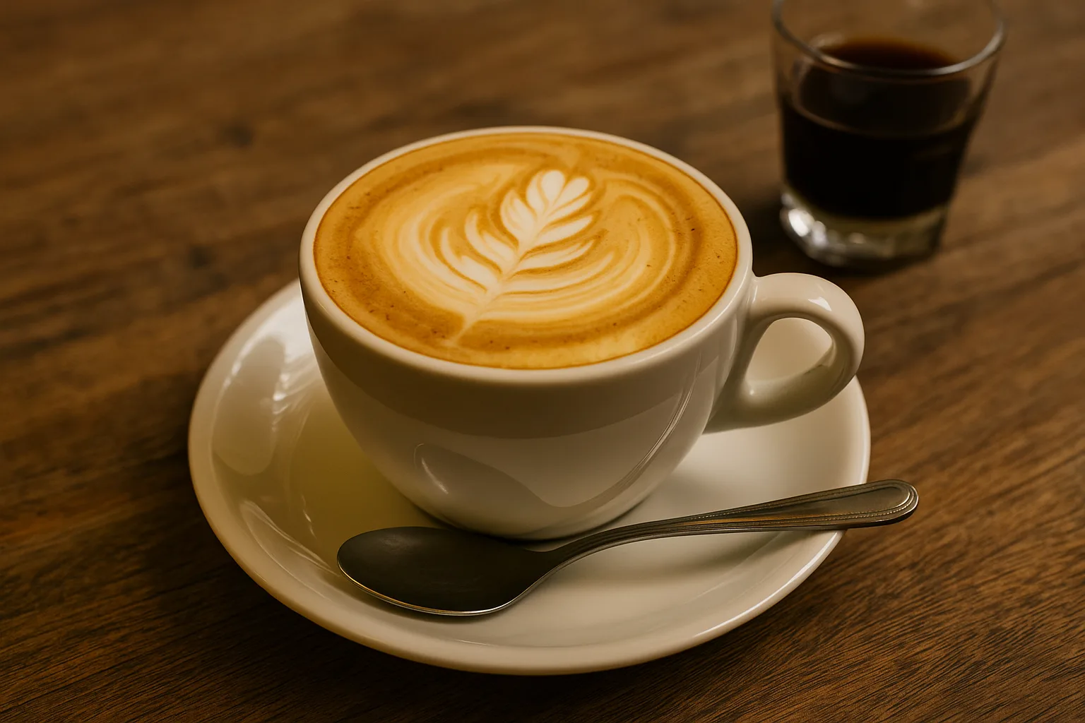 Biała filiżanka wietnamskiej kawy z jajkiem, ustawiona na spodku na drewnianym stole. Na gładkiej, kremowej piance widnieje delikatny wzór listka wykonany techniką latte art. Obok leży metalowa łyżeczka, a w tle znajduje się mała szklanka z ciemnym naparem kawowym.