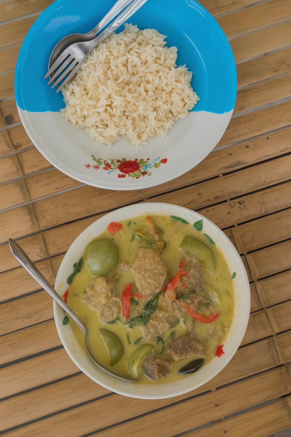 Zielone tajskie curry z mięsem, bakłażanem, papryką i ryżem jaśminowym