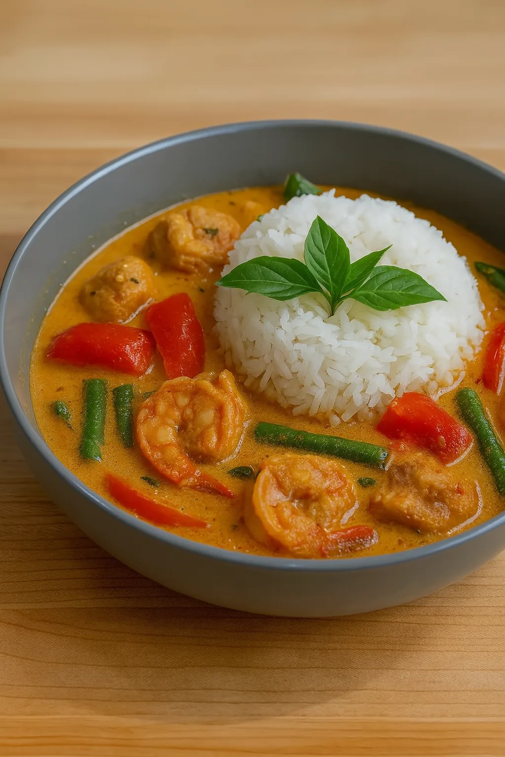 Penang curry z krewetkami, czerwoną papryką i zieloną fasolką podawane z ryżem jaśminowym, ozdobione listkiem tajskiej bazylii