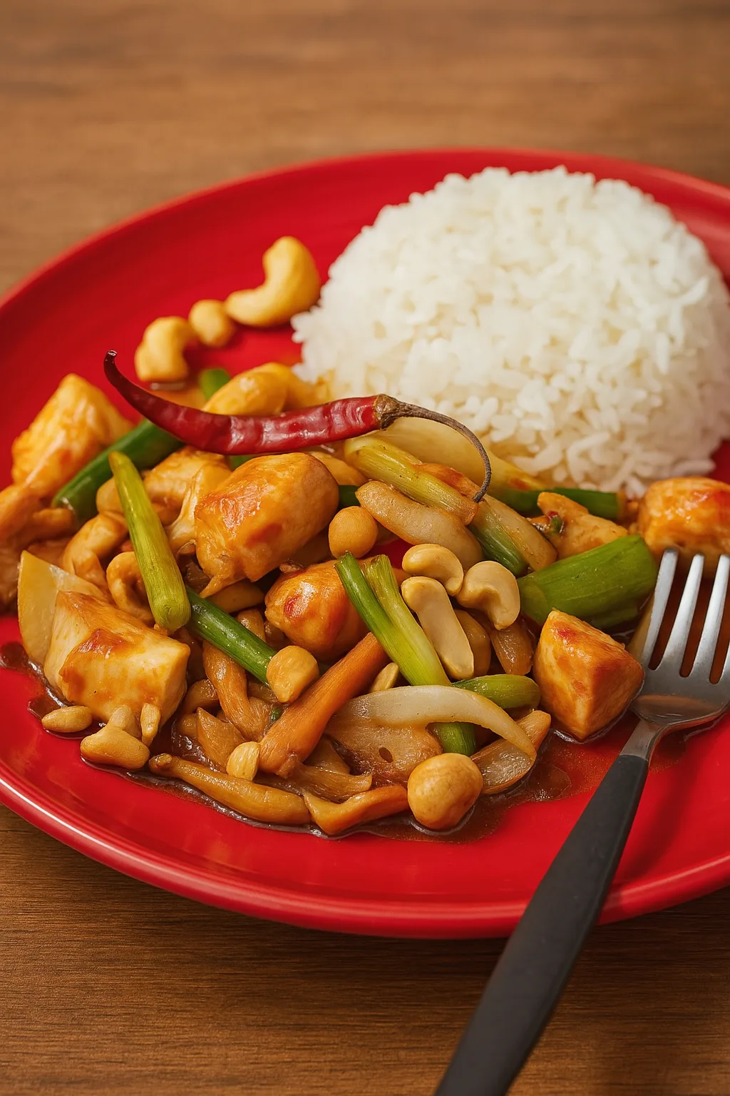 Gai Pad Med Mamuang – tajski kurczak smażony z nerkowcami, warzywami i ostrą papryczką
