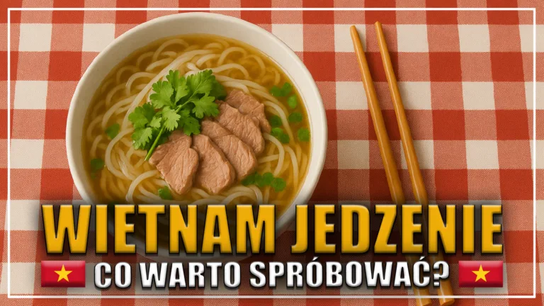 Miska wietnamskiej zupy phở z makaronem ryżowym, plasterkami wołowiny, zieloną cebulką i świeżą kolendrą, ustawiona na czerwono-białym obrusie w kratę; obok leżą drewniane pałeczki.