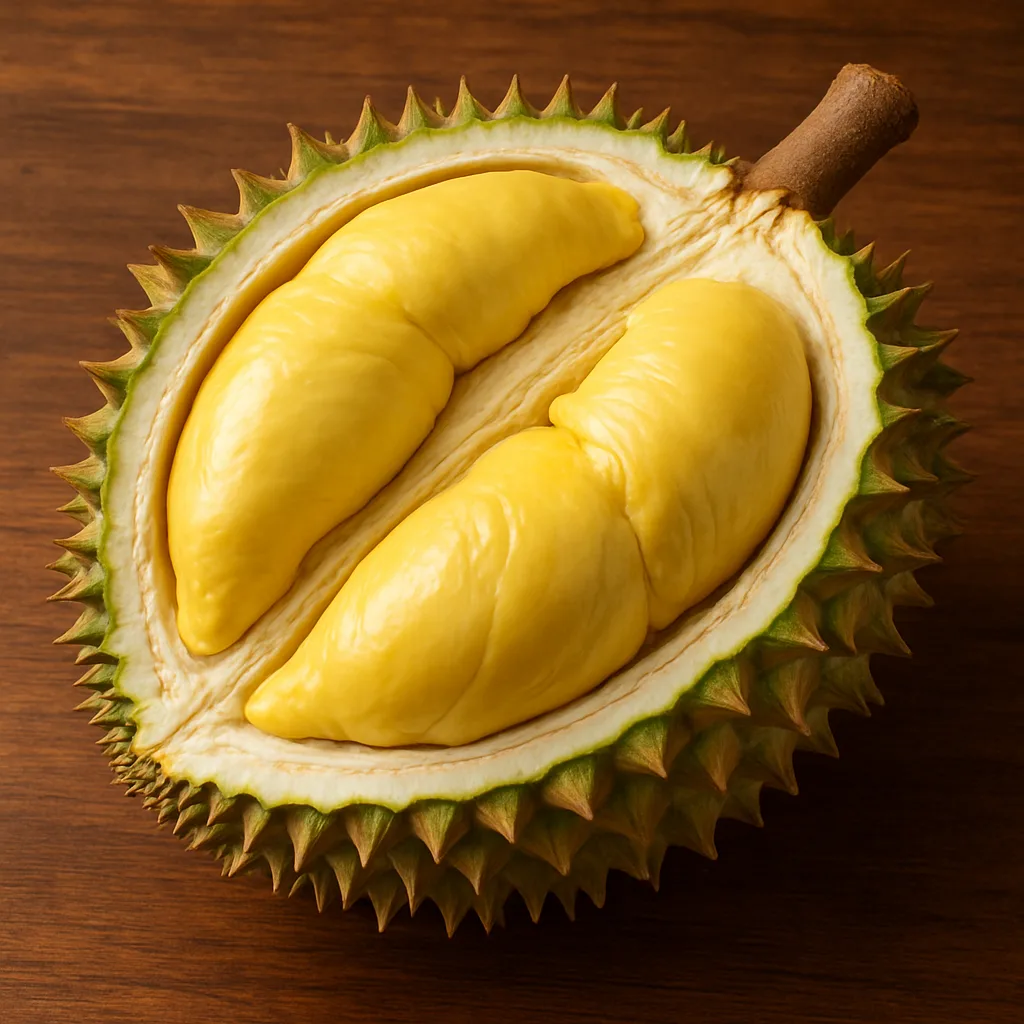 Otwarty durian leżący na drewnianym blacie. Widać wyraźnie jego zielono-brązową, kolczastą skorupę oraz żółty, kremowy miąższ wewnątrz. Tekstura owocu jest gładka i błyszcząca, a jego segmenty są pulchne i soczyste.
