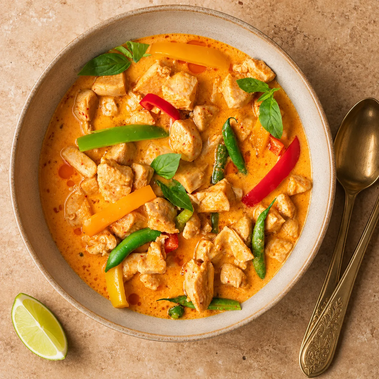 Penang curry z krewetkami, czerwoną papryką i zieloną fasolką podawane z ryżem jaśminowym, ozdobione listkiem tajskiej bazylii