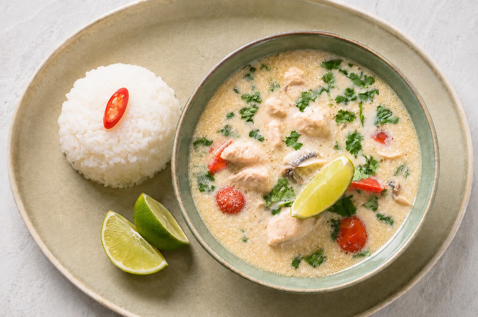 Tajska zupa Tom Kha Gai z kurczakiem, mlekiem kokosowym i kolendrą