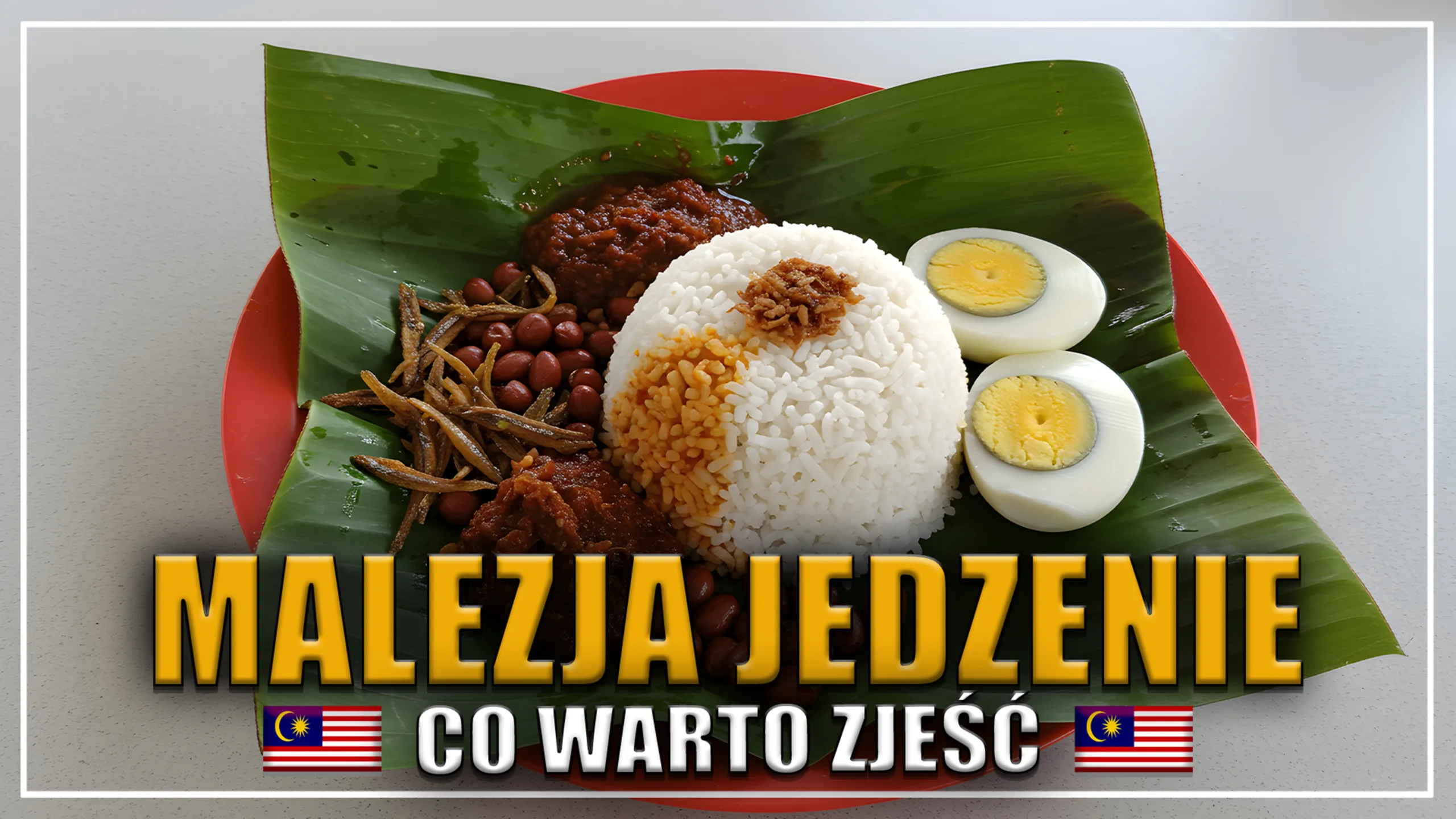 Tradycyjne malezyjskie Nasi Lemak – ryż gotowany w mleku kokosowym podany z jajkiem na twardo, ogórkiem, smażonymi anchois, orzeszkami ziemnymi, sambalem i kawałkiem kurczaka