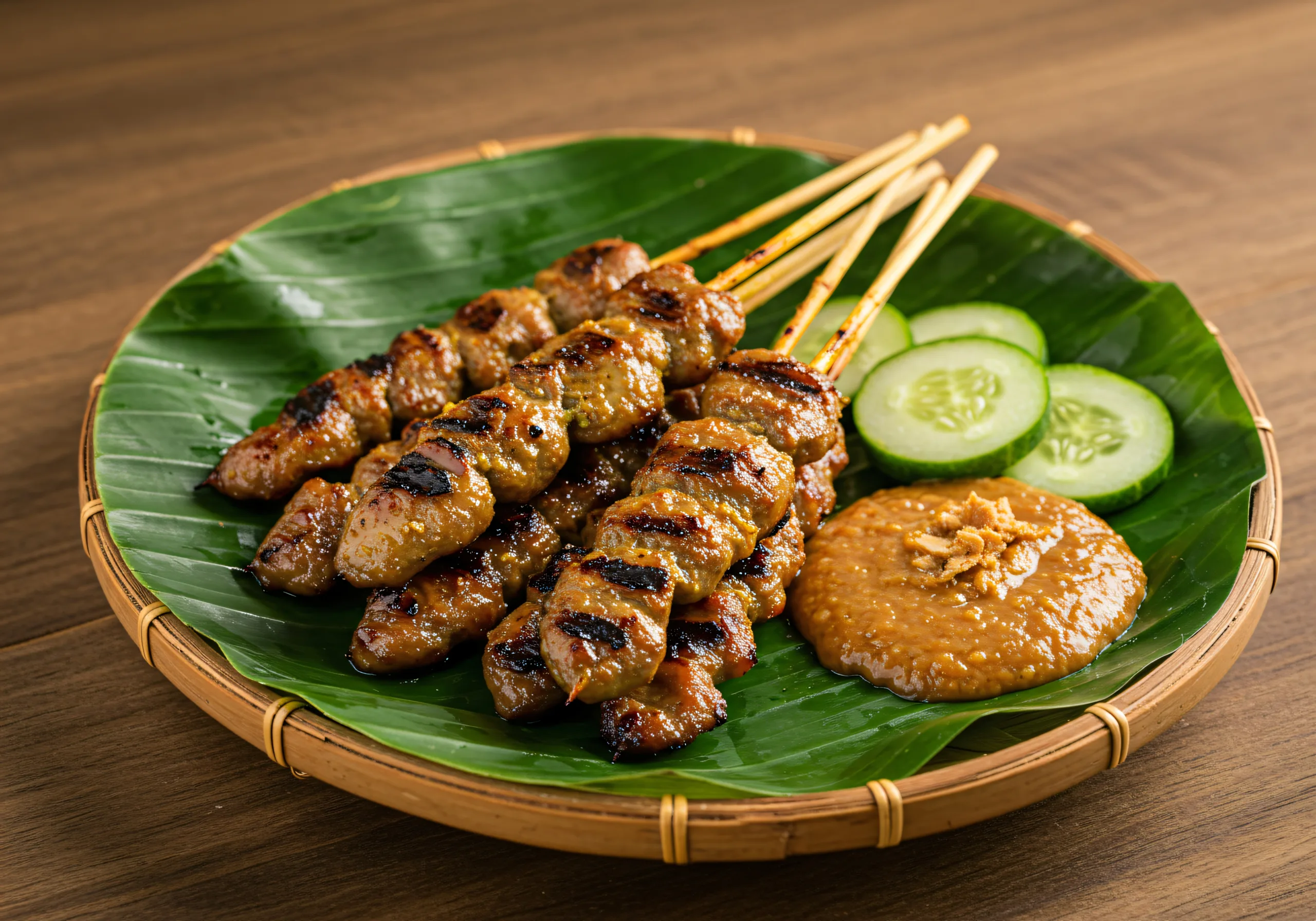 Malezyjskie satay – grillowane szaszłyki z mięsa podane z sosem orzechowym i plasterkami ogórka na liściu bananowca