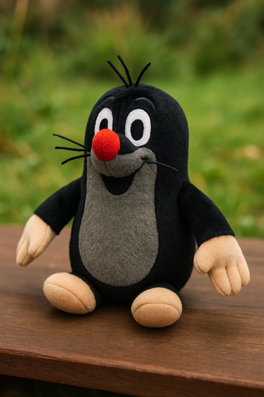 Pluszowa maskotka Krecika – kultowej czeskiej postaci z bajki dla dzieci – siedząca na drewnianej ławce.