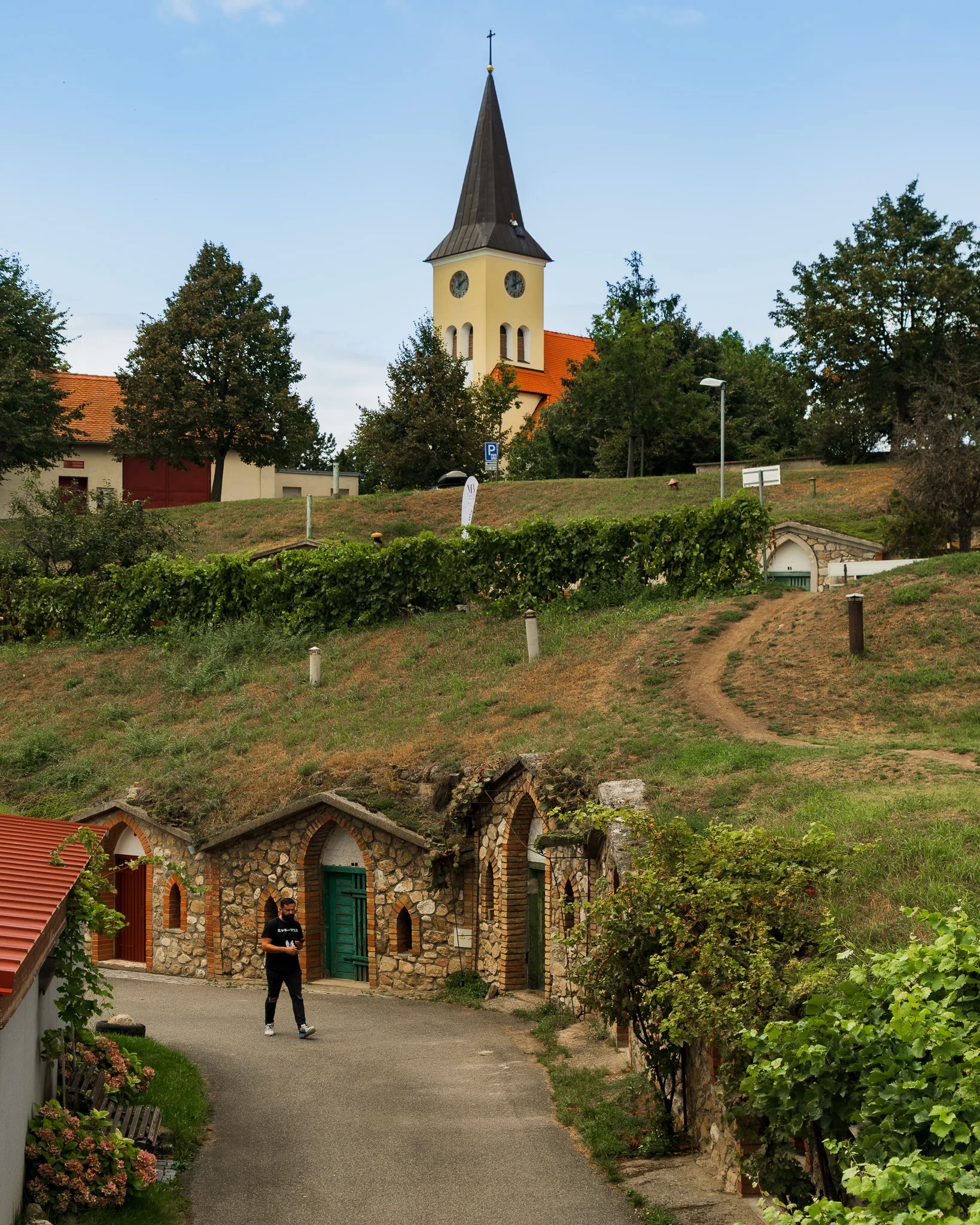 Malownicze piwniczki winne w Morawach Południowych z kamiennymi fasadami, położone u podnóża wzgórza z kościołem o charakterystycznej wieży.