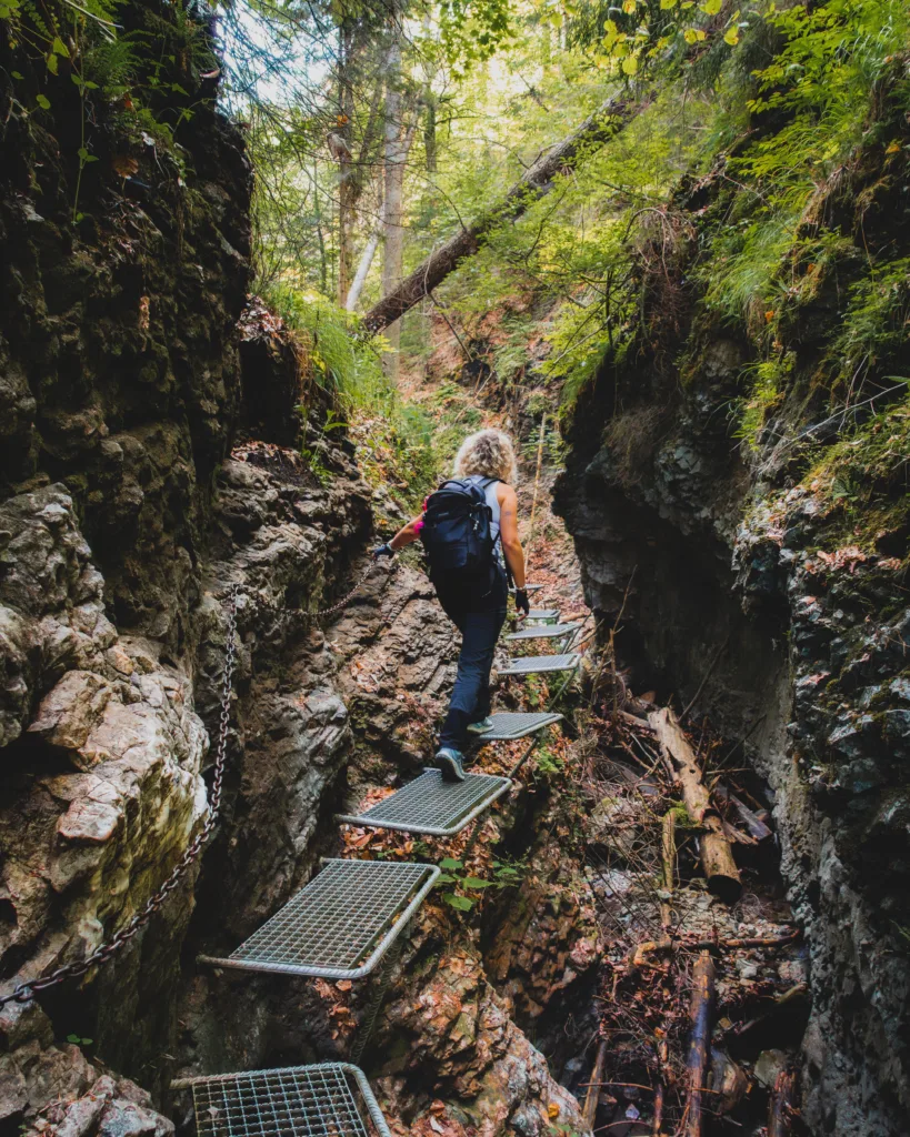 Turystka pokonująca metalowe stopnie w wąwozie Słowackiego Raju, wśród skał i zielonego lasu.