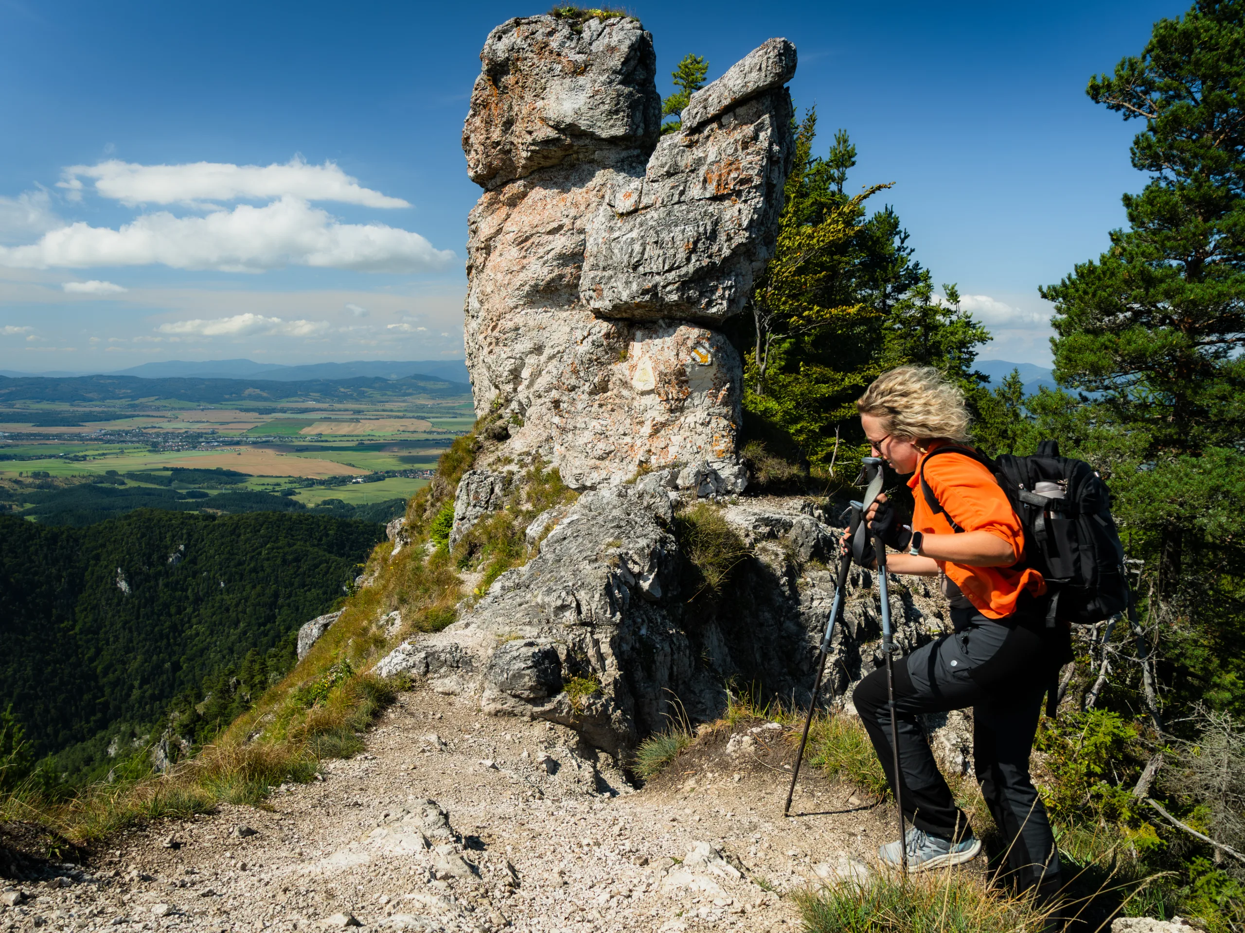 Kobieta w pomarańczowej bluzie z plecakiem i kijkami trekkingowymi wspina się na szlak w Wielkiej Fatrze, w tle skalne formacje i panorama doliny.