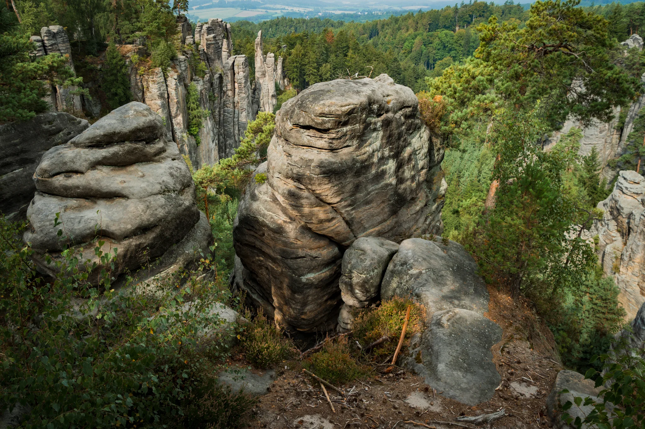 Formacje skalne w Czeskim Raju o unikalnych kształtach, otoczone gęstym lasem i widokiem na wysokie pionowe skały w tle.