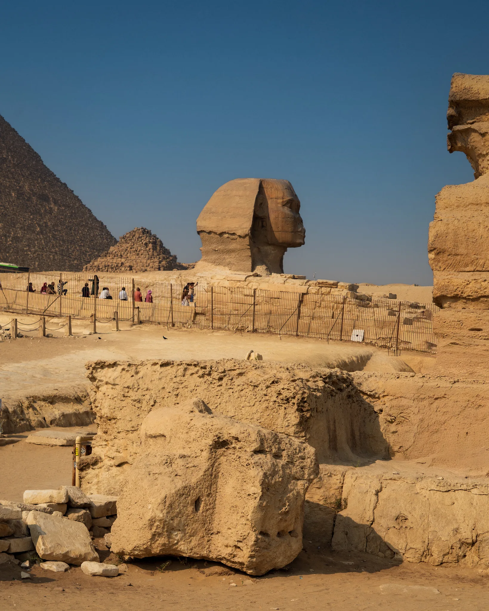 Wielki Sfinks na płaskowyżu Gizy w Egipcie, widziany z profilu; w tle widać piramidy oraz turystów przechodzących wyznaczoną trasą.