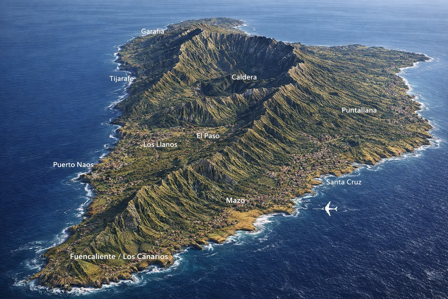 Trójwymiarowa mapa wyspy La Palma z zaznaczonymi miejscowościami, kalderą oraz ukształtowaniem terenu – widok z lotu ptaka.