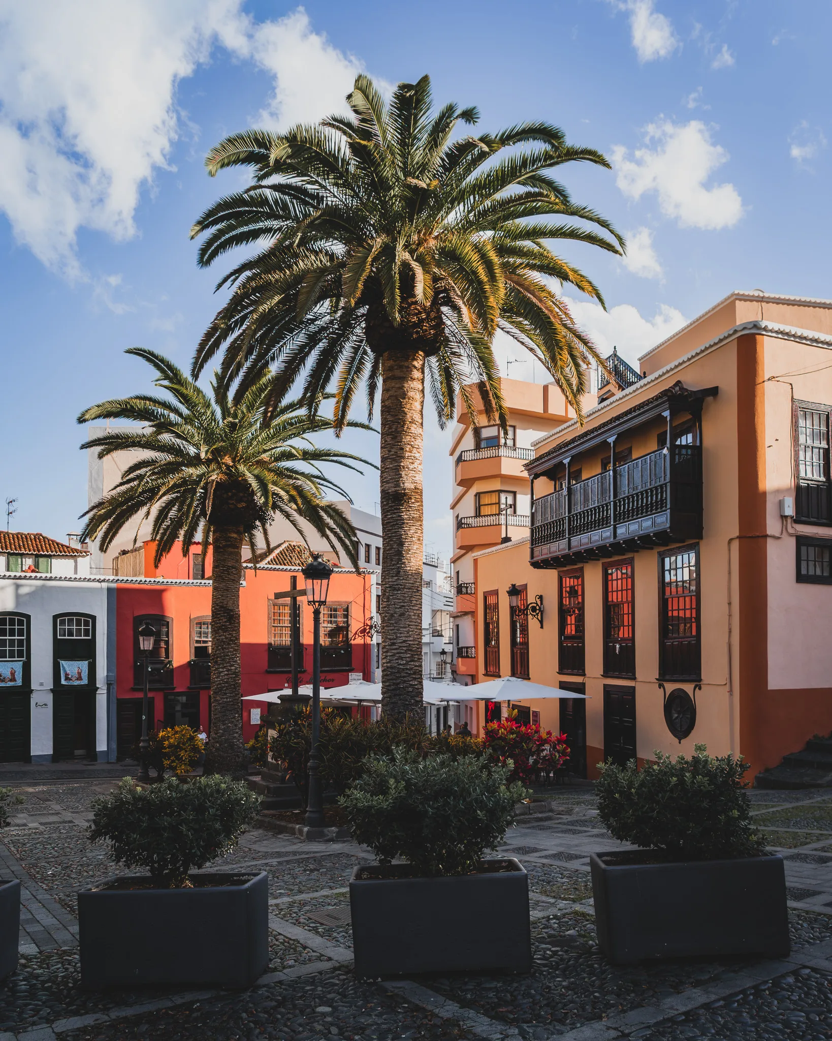 Plac z palmami i kolorową zabudową kolonialną w Santa Cruz de La Palma, słoneczny dzień i spokojna atmosfera miasta."
