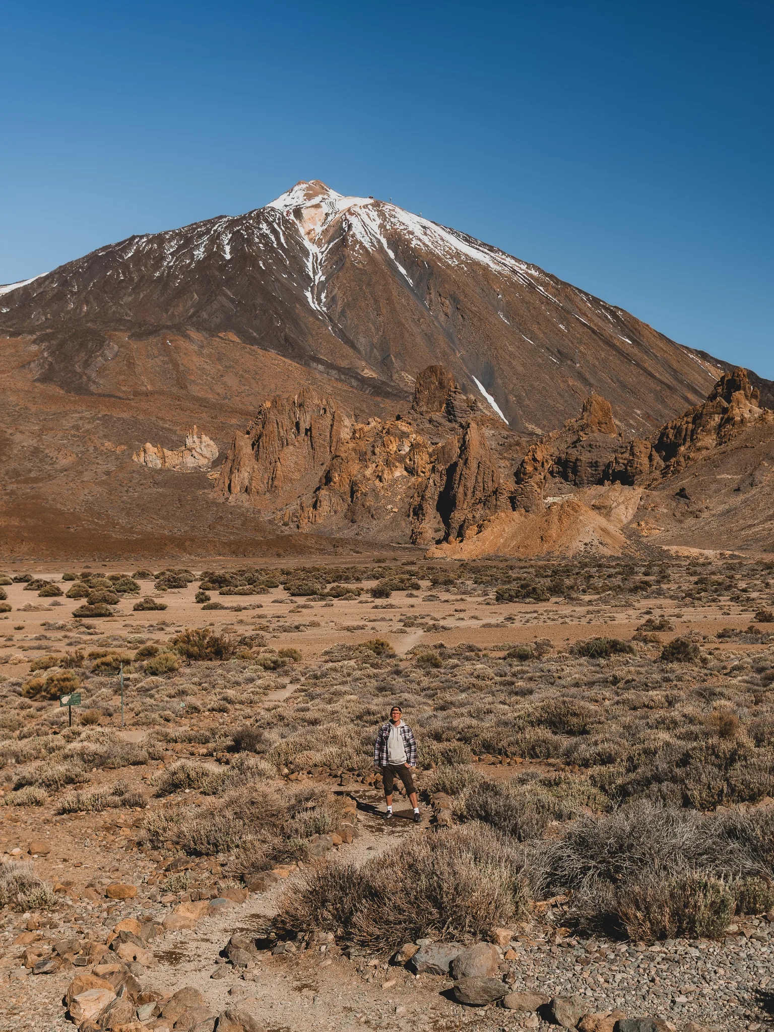 Teide i Roques de García w pełnym kadrze – monumentalny wulkan górujący nad suchą równiną z charakterystycznymi formacjami skalnymi, pojedyncza osoba na pierwszym planie podkreślająca ogrom przestrzeni i skalę krajobrazu.
