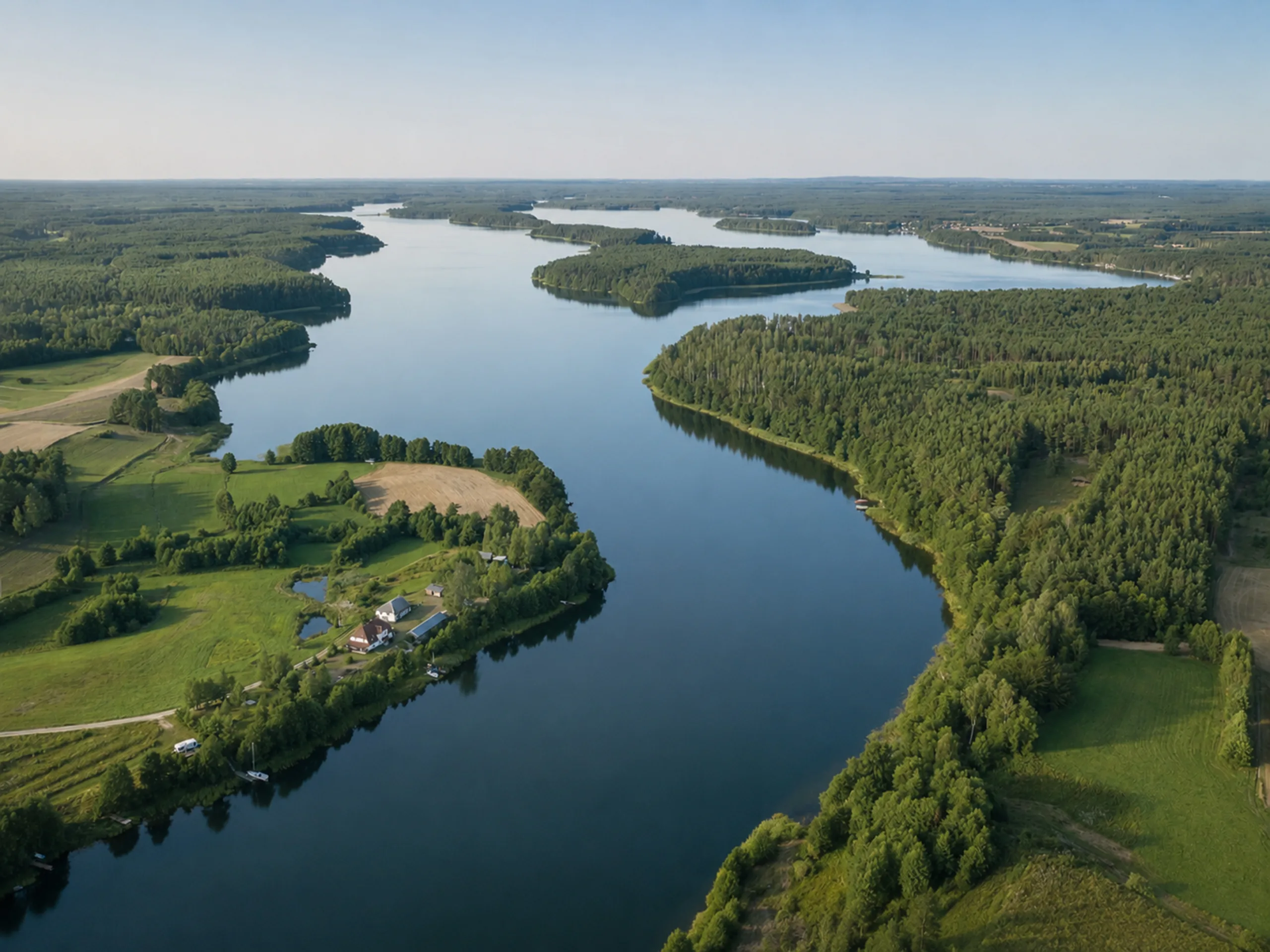 Wdzydzki Park Krajobrazowy z lotu ptaka o złotej godzinie – jezioro Wdzydze, leśne półwyspy i pola uprawne w ciepłym świetle zachodzącego słońca