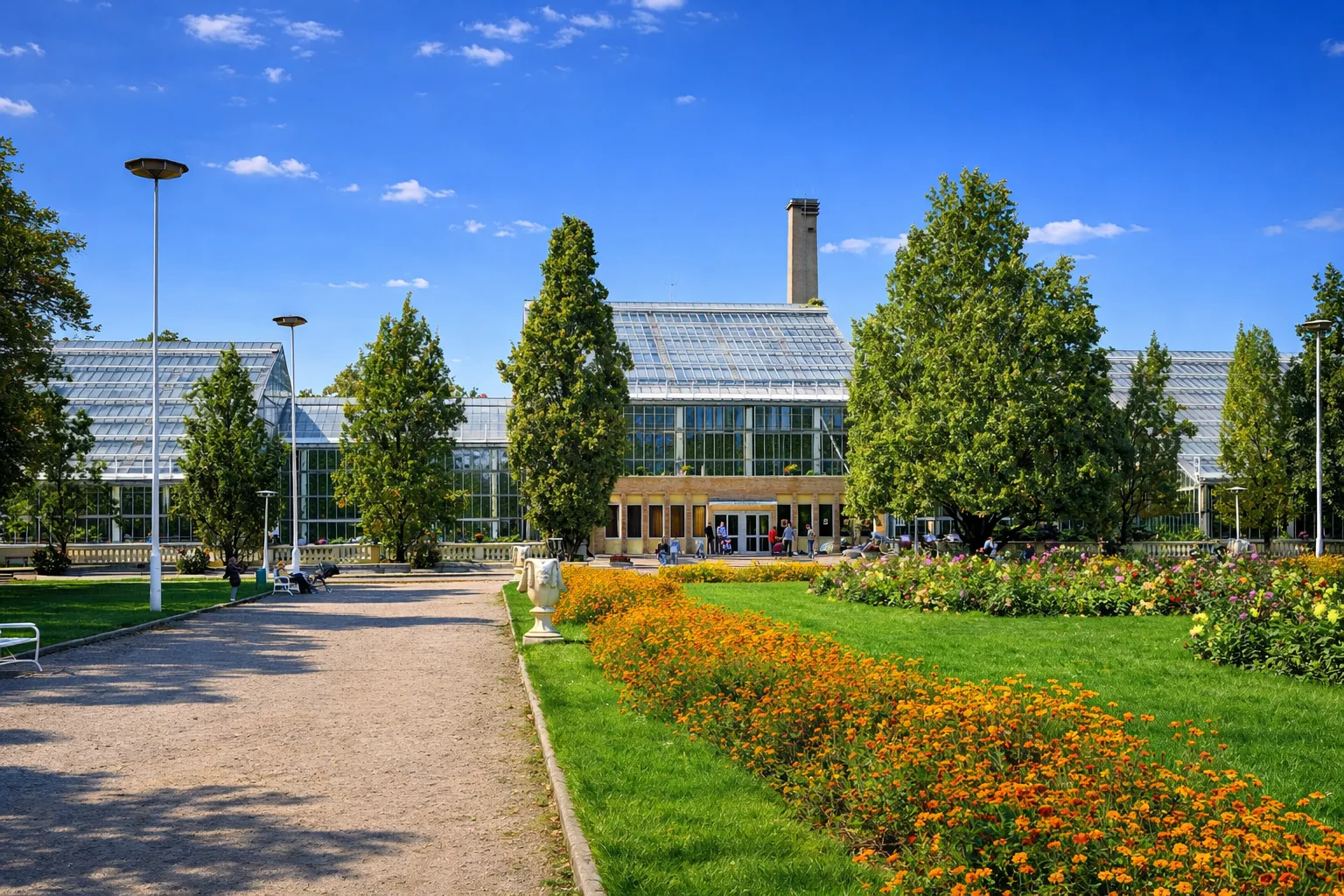 Palmiarnia Poznańska z ogrodem, alejką spacerową i kwiatami w Parku Wilsona.