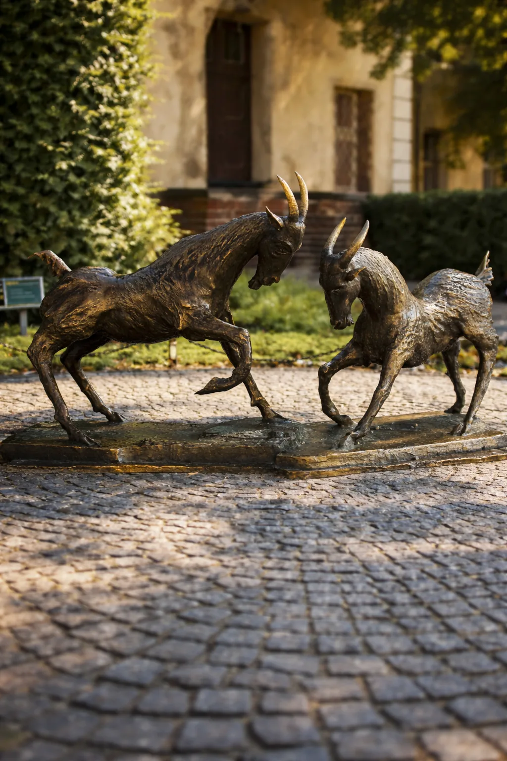 Rzeźba poznańskich koziołków na brukowanym placu w Poznaniu.