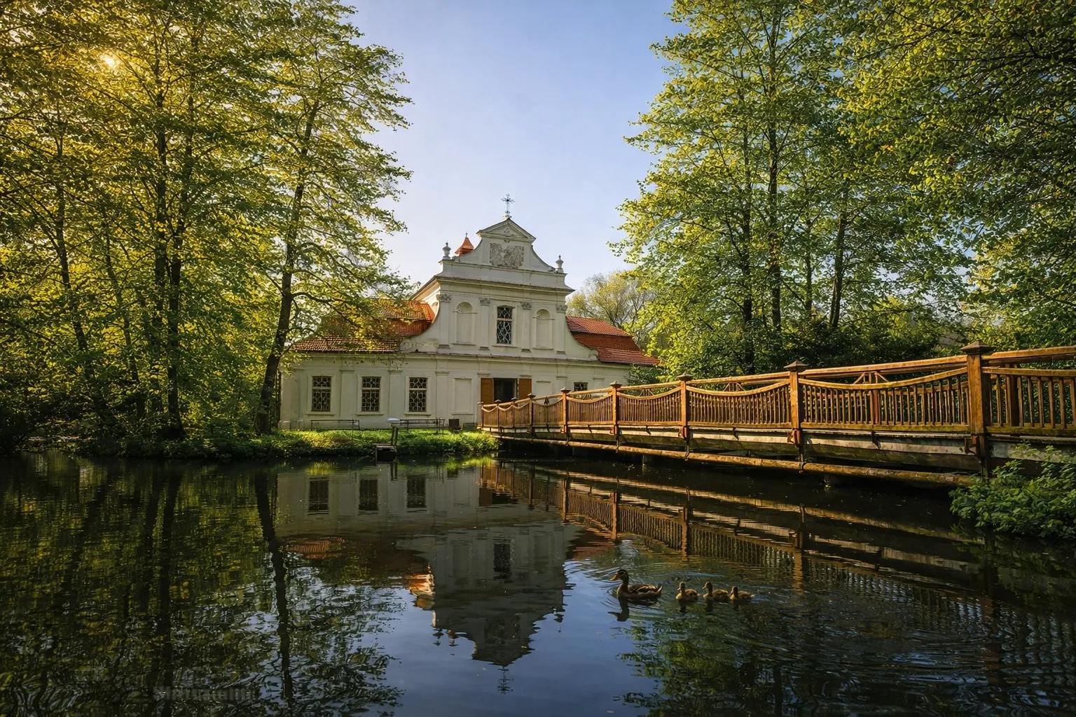 Dworek na wodzie w Zwierzyńcu o poranku, odbicie w spokojnej tafli stawu, drewniany most i kaczka z kaczątkami płynąca wzdłuż brzegu, otoczone zielonymi drzewami w miękkim świetle słońca - roztocze