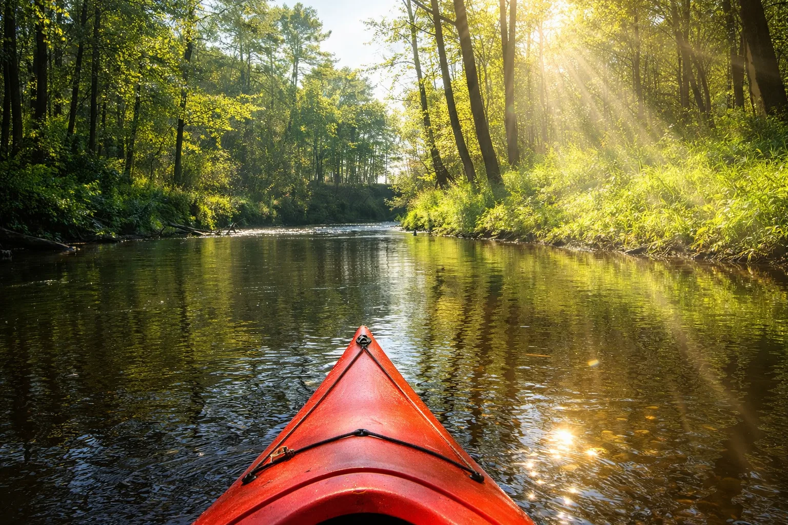 Spływ kajakowy w Zwierzyńcu latem, widok z czerwonego kajaka na spokojną rzekę otoczoną soczystą zielenią, z porannym światłem słonecznym odbijającym się w wodzie