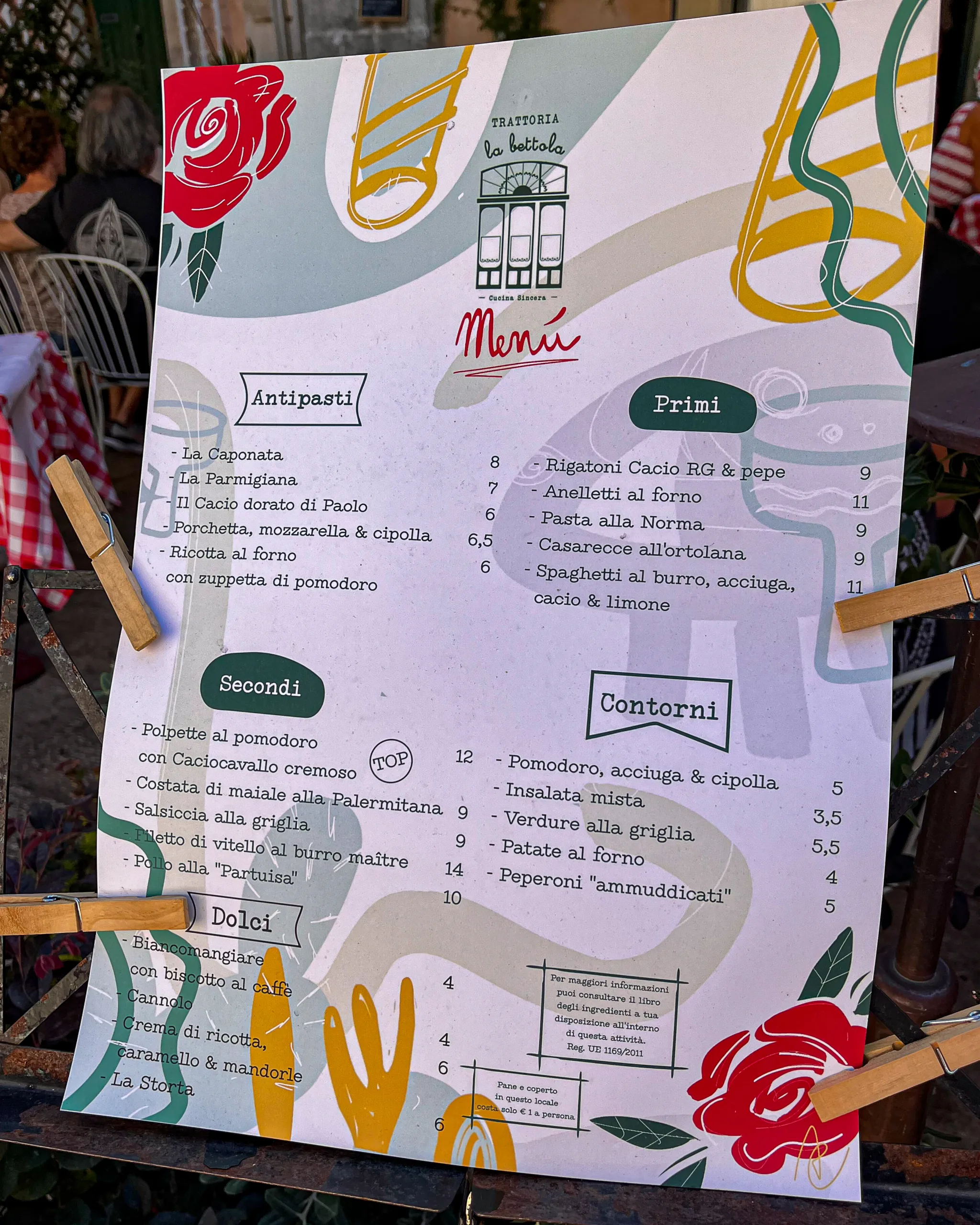 Menu trattorii La Bettola w Ragusa Ibla z daniami kuchni sycylijskiej i cenami