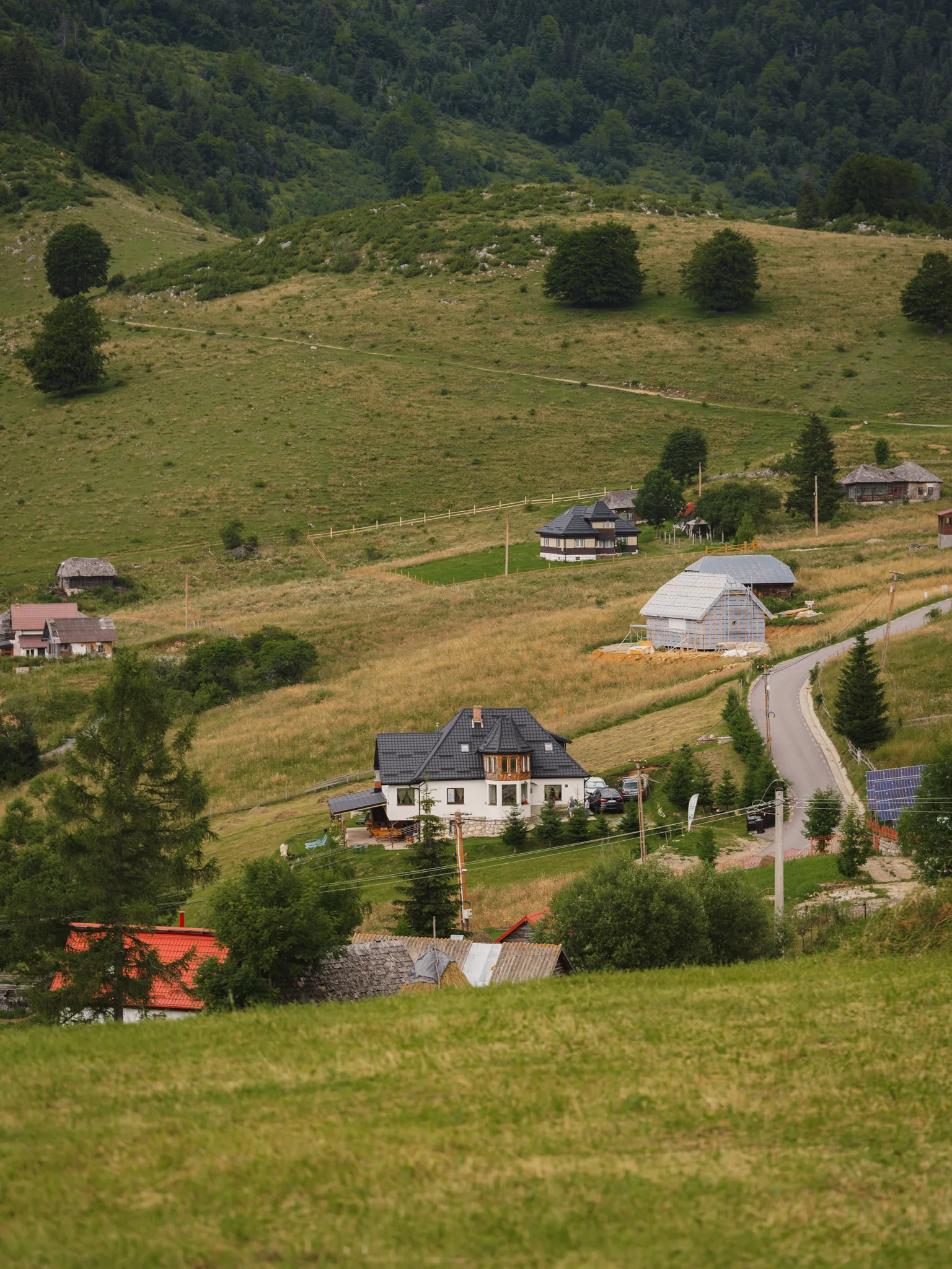 Widok na górską wioskę Șirnea w Rumunii z rozproszonymi domami, łąkami i zalesionymi wzgórzami.