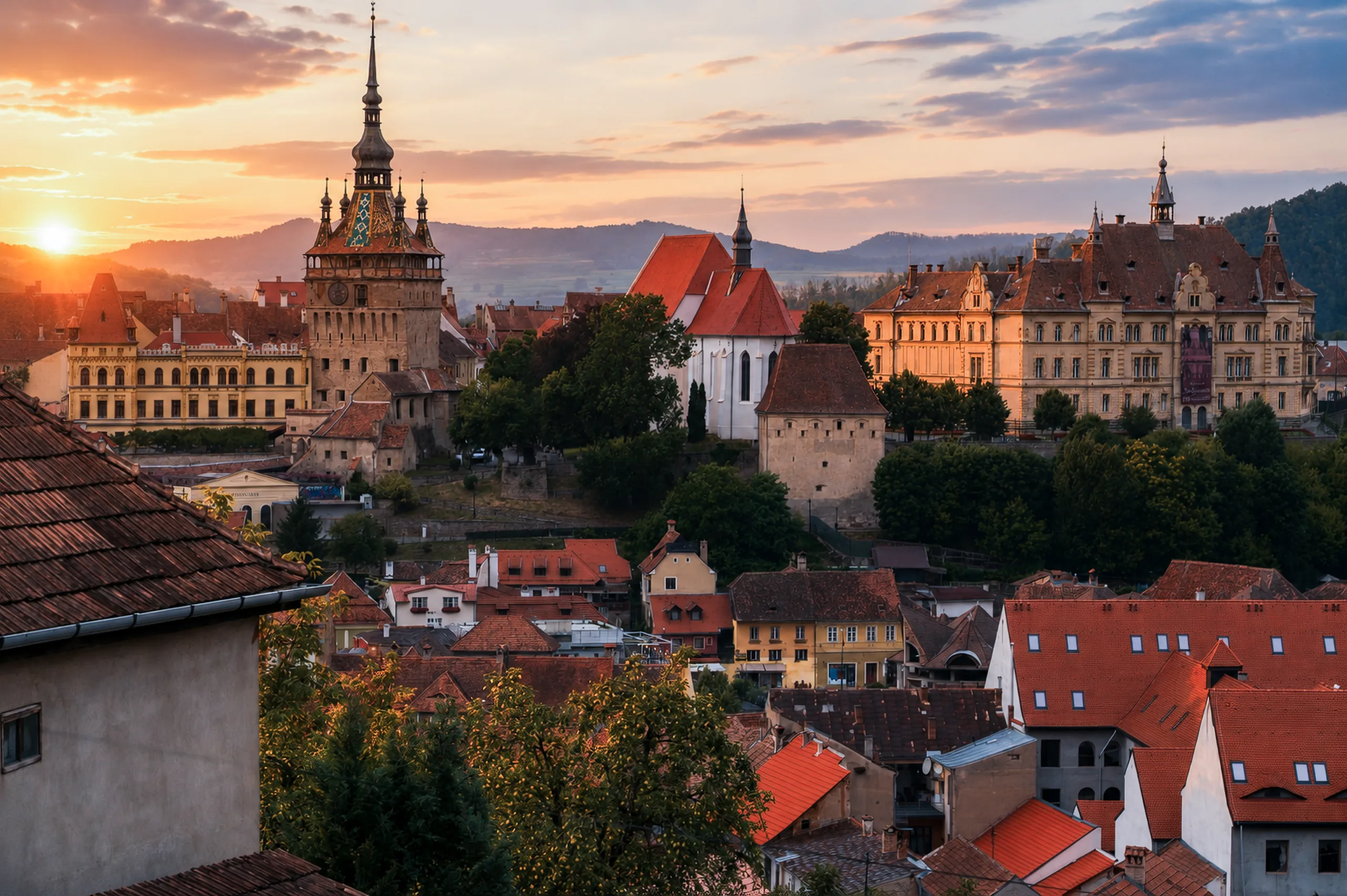 Sighișoara w Rumunii o zachodzie słońca, widok na Wieżę Zegarową i historyczne centrum miasta