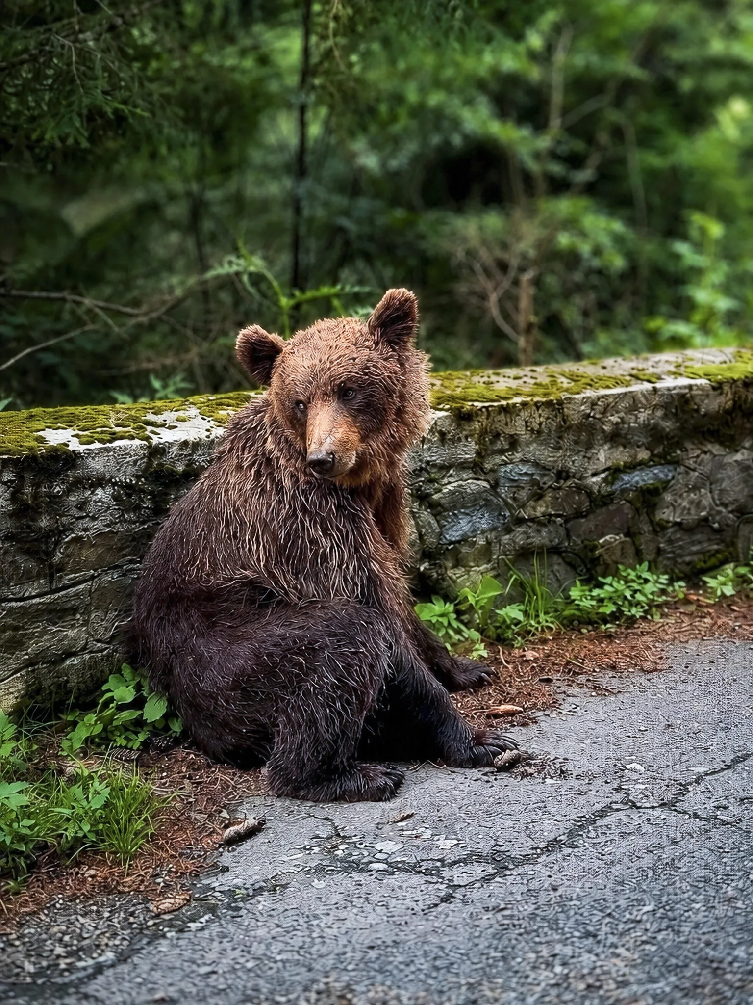 Niedźwiedź brunatny siedzący przy leśnej drodze obok kamiennego murku w gęstym lesie.